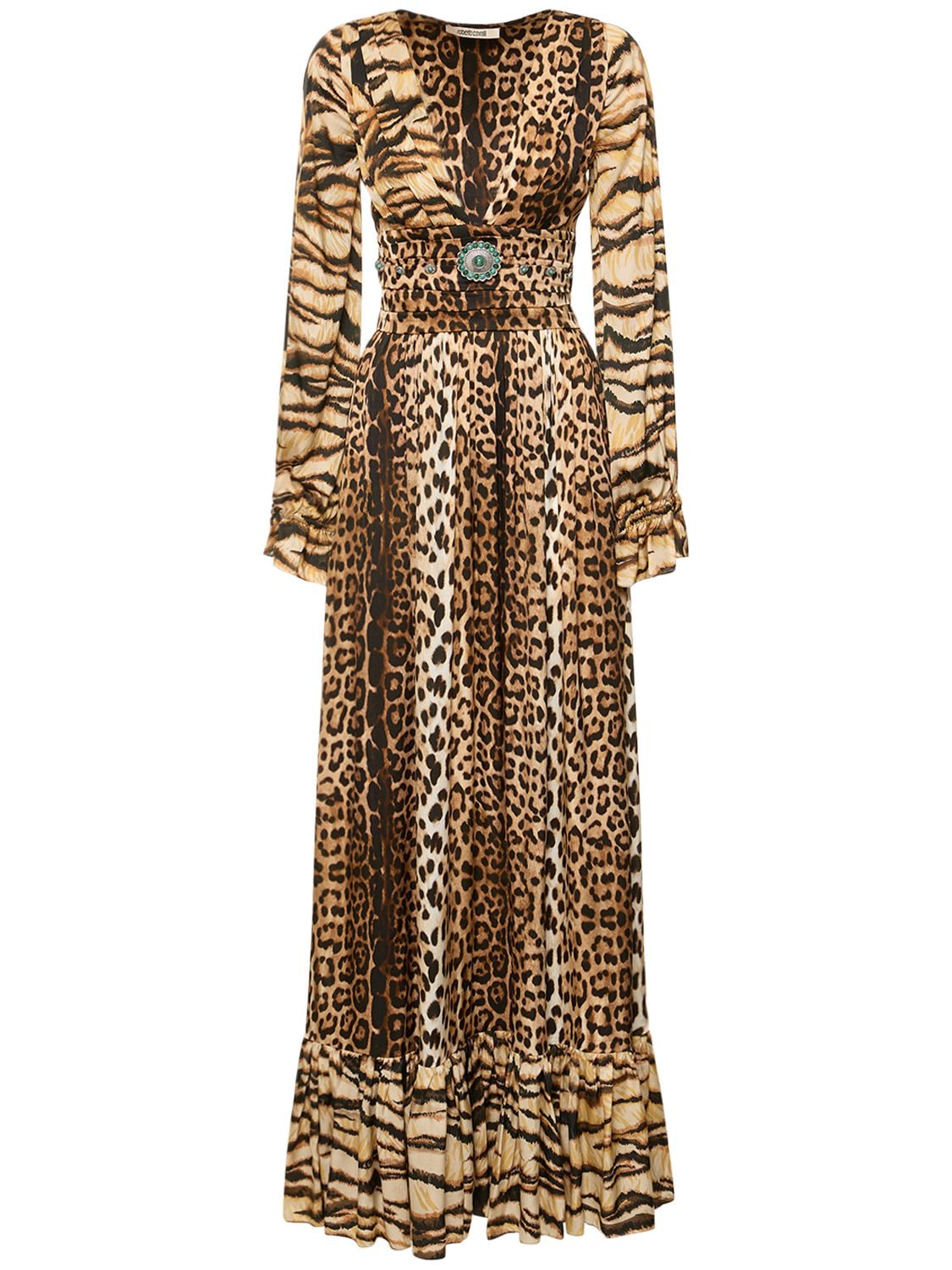 Roberto Cavalli Jaguar Print Satin Long Dress In Multicolor