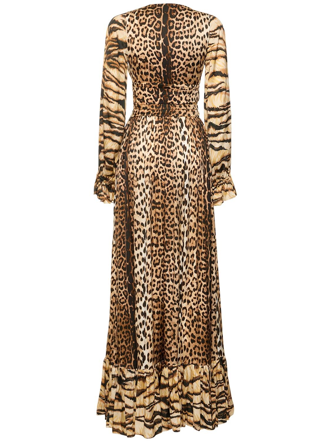 Shop Roberto Cavalli Jaguar Print Satin Long Dress In Multicolor