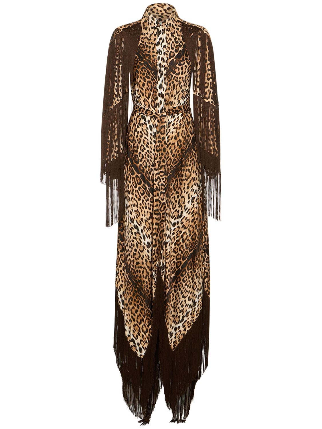 Roberto Cavalli Jaguar Print Satin Fringed Long Dress In Multicolor