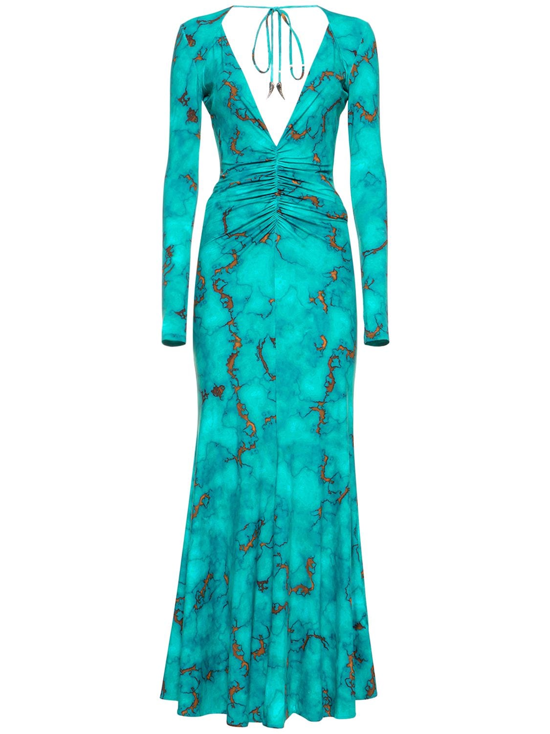 Roberto Cavalli Printed Jersey V Neck Long Dress In Turquoise