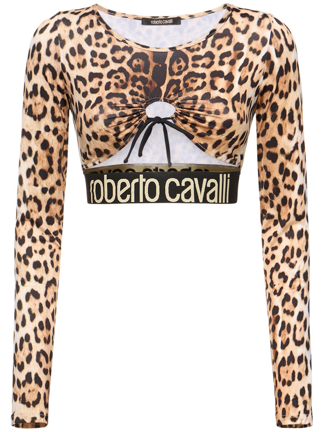 Roberto Cavalli Jaguar Printed Long Sleeve Crop Top In Multicolor