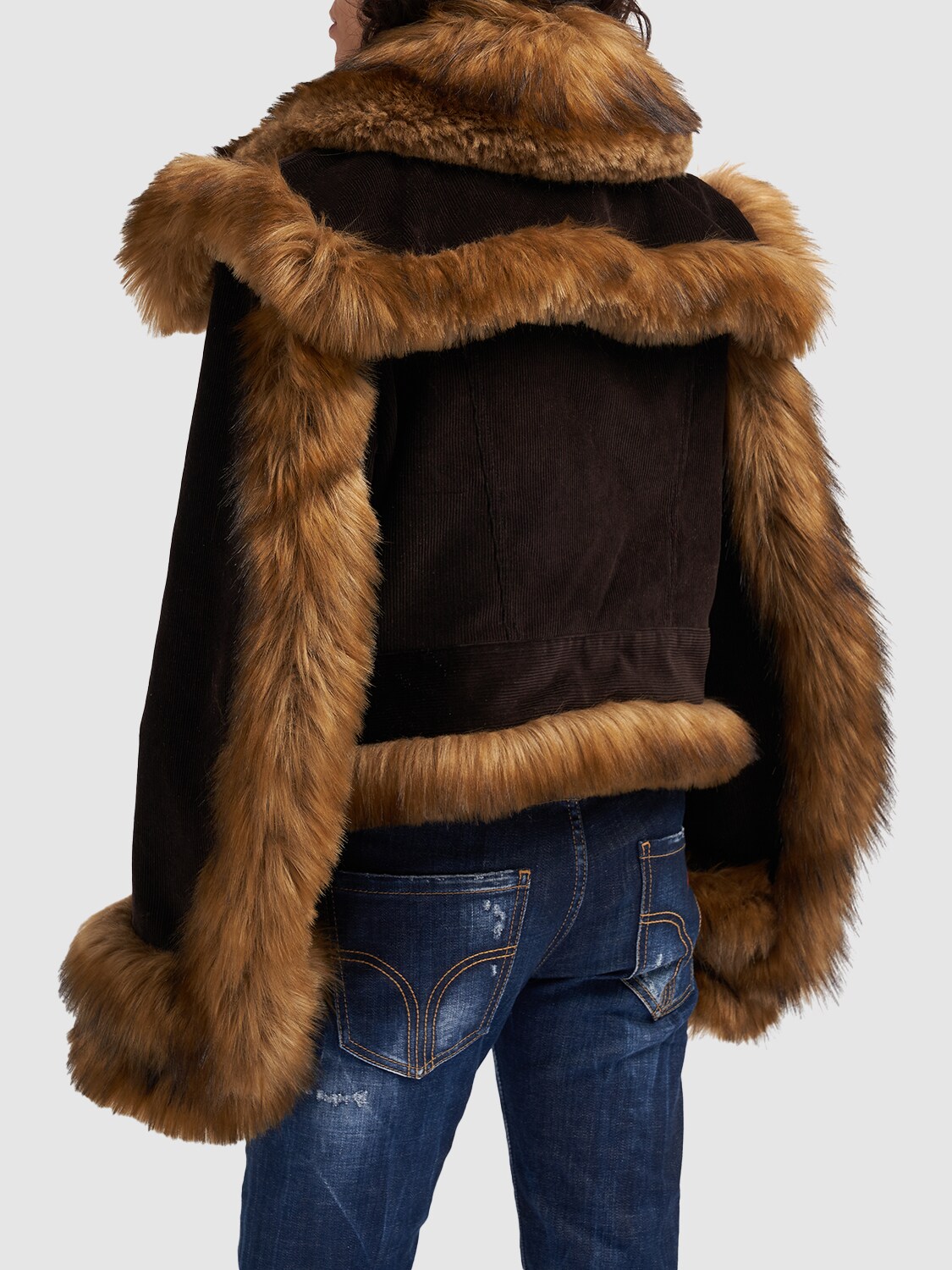 Shop Dsquared2 Cropped Cotton Velvet & Faux Fur Coat In Dark Brown