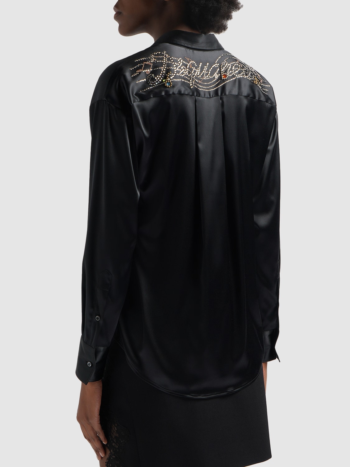 Shop Dsquared2 Stretch Satin Shirt W/crystal Logo In Black