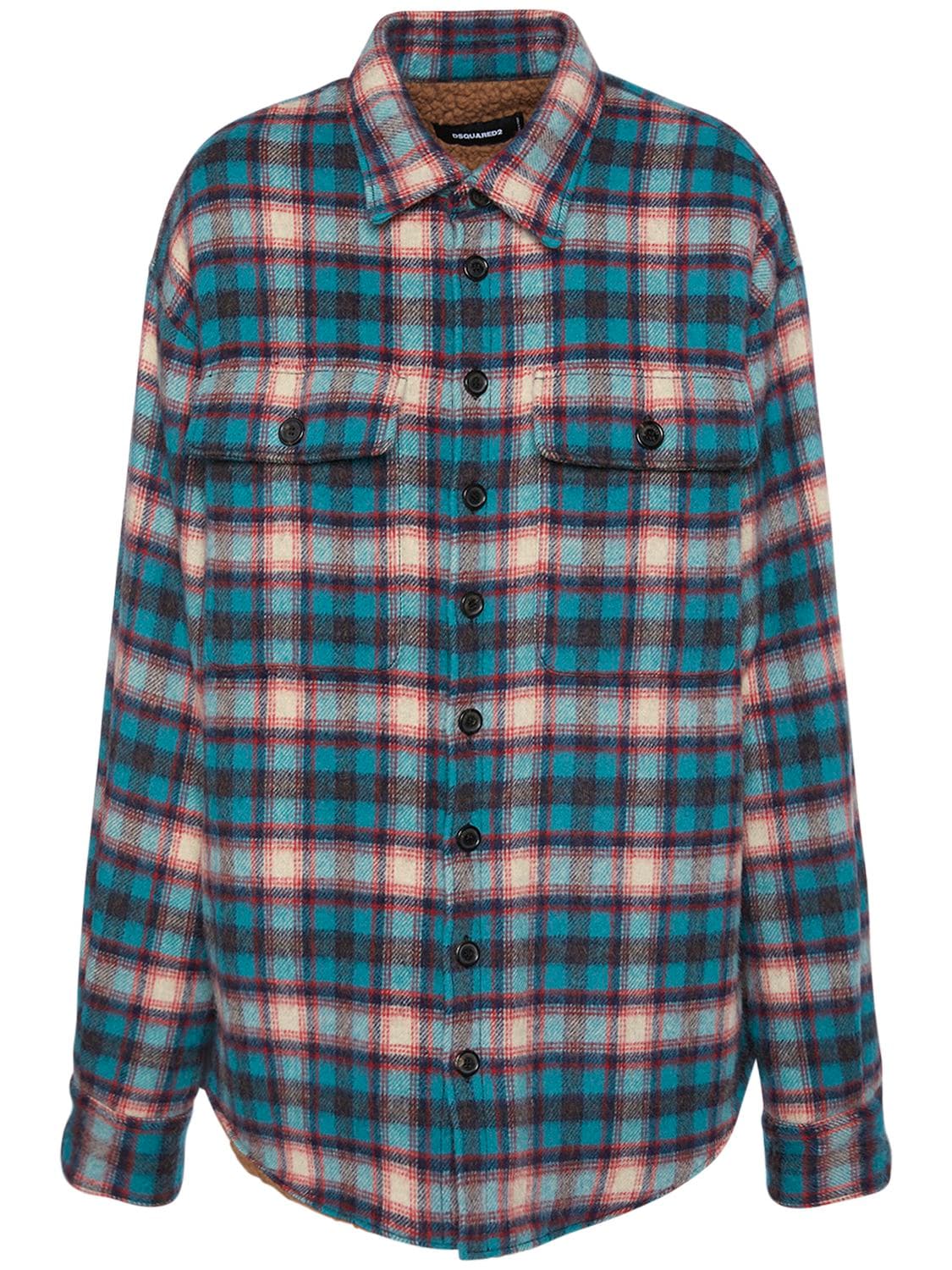 Dsquared2 Checked Wool Flannel & Teddy Overshirt In Bunt