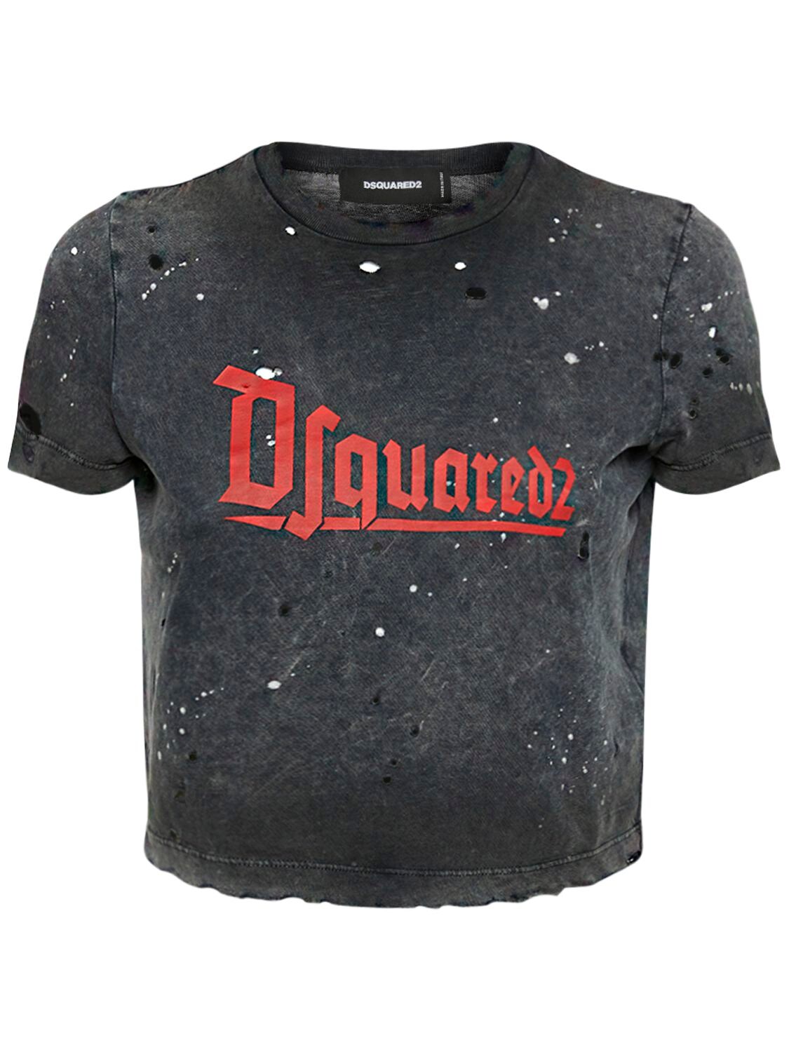 Dsquared2 Logo Printed Cotton Jersey Crop T-shirt In Multicolor