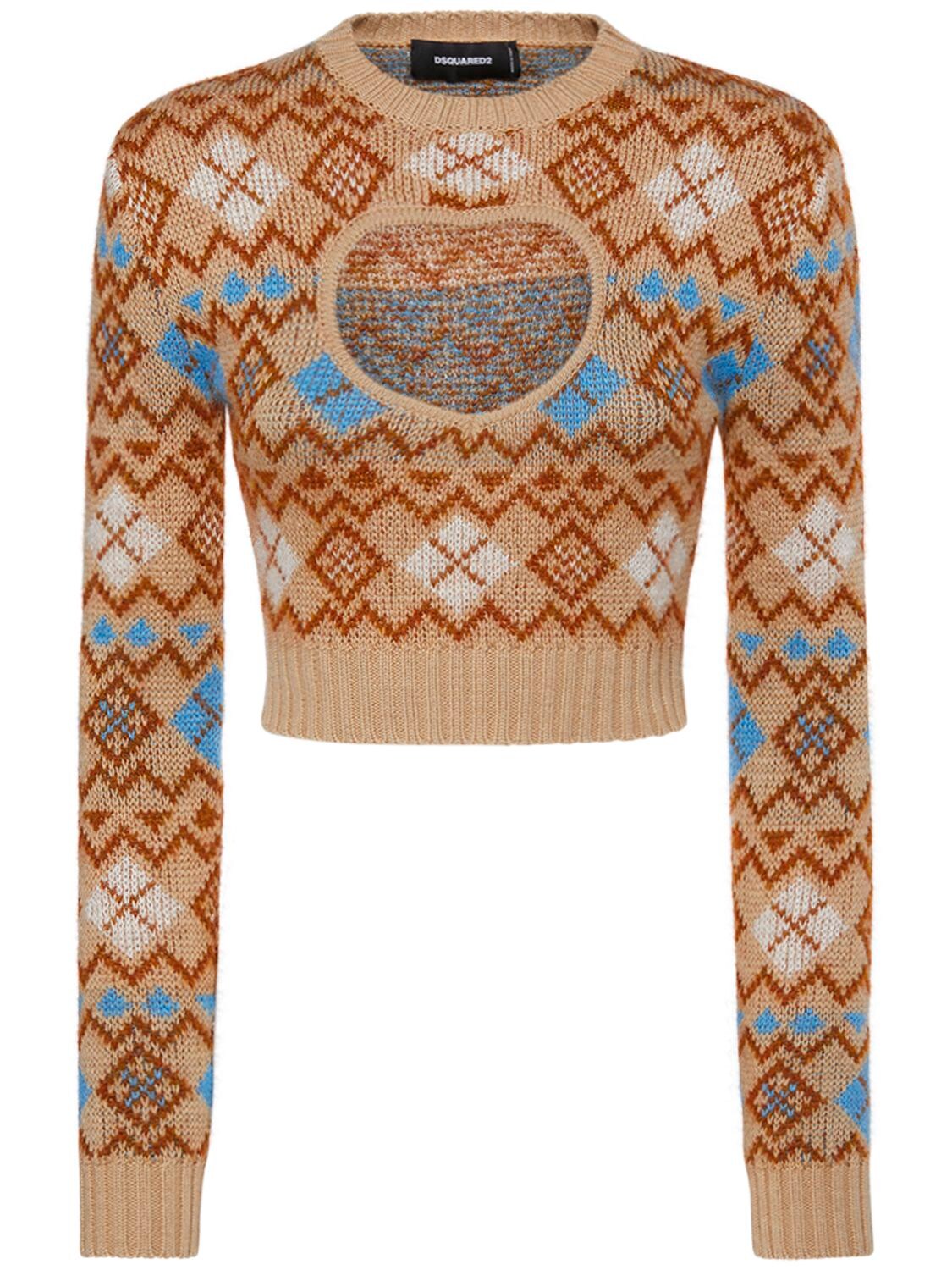 Shop Dsquared2 Heart Cutout Wool Knit Crop Sweater In Multicolor
