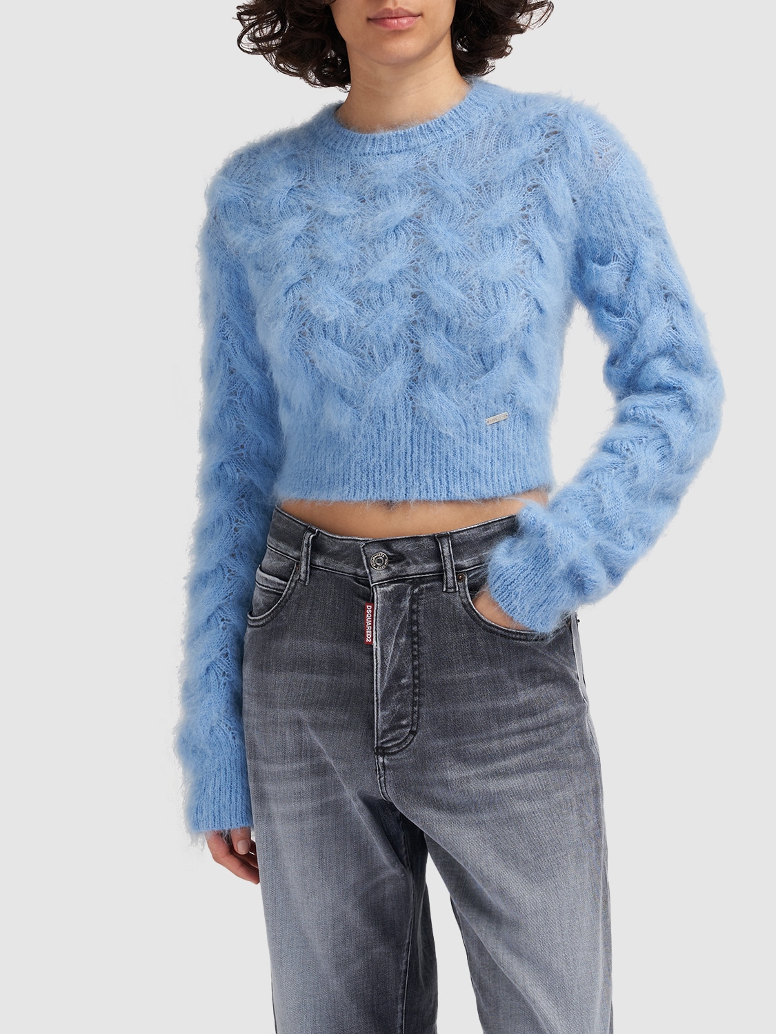 Shop Dsquared2 3d Cable Knit Mohair Crop Sweater In Light Blue