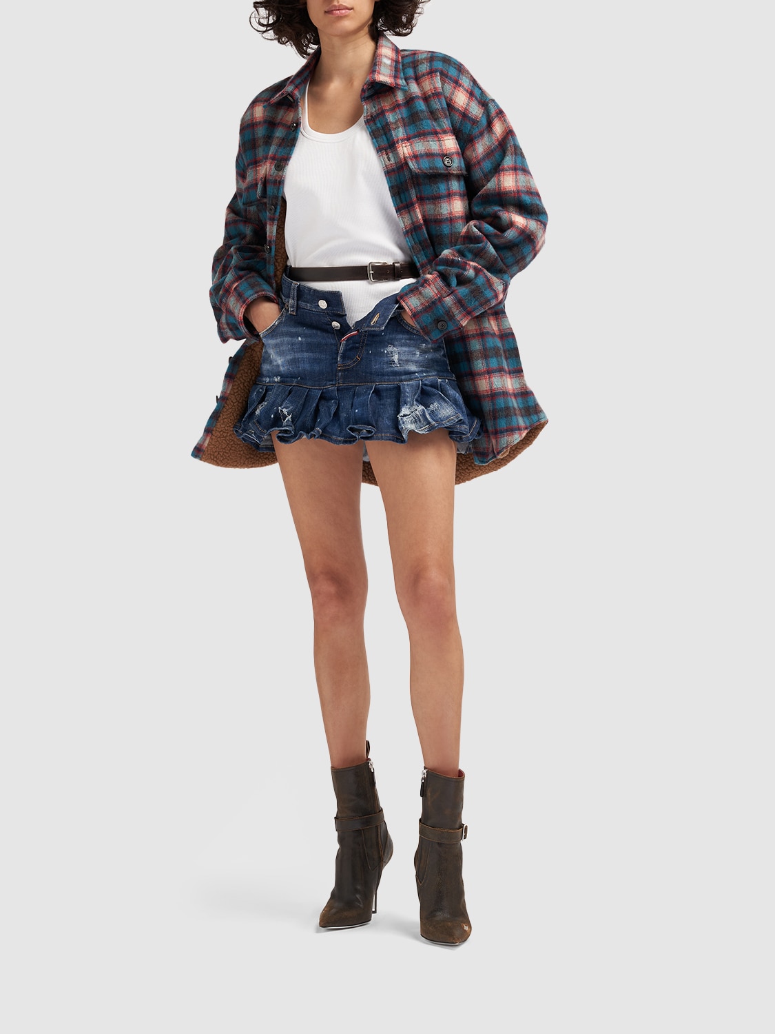Shop Dsquared2 Open-side Ruffed Denim Mini Skirt In Blue
