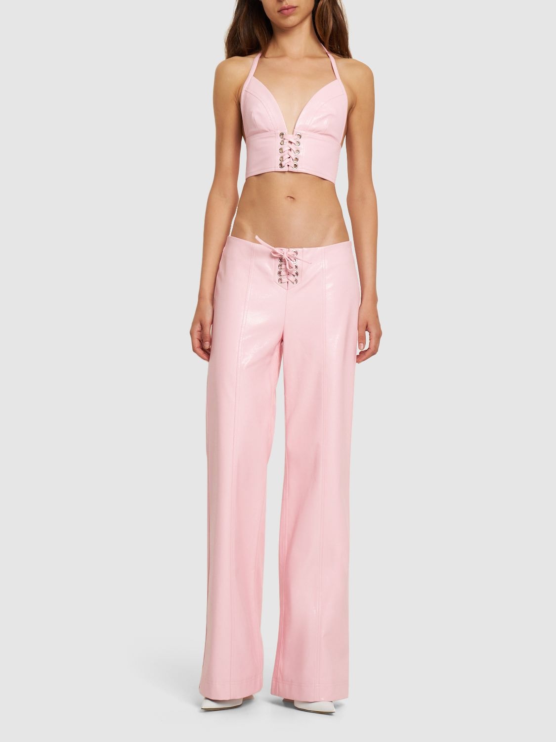 Shop Rotate Birger Christensen Embossed Lace-up Flared Pants In Pink