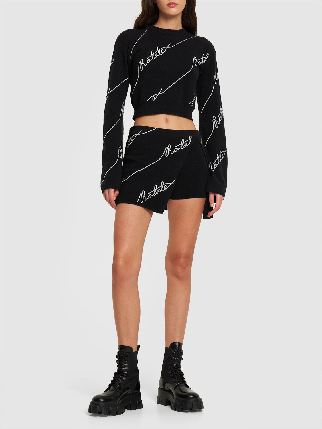 Shop Rotate Birger Christensen Sequined Logo Cotton Blend Mini Skirt In Black