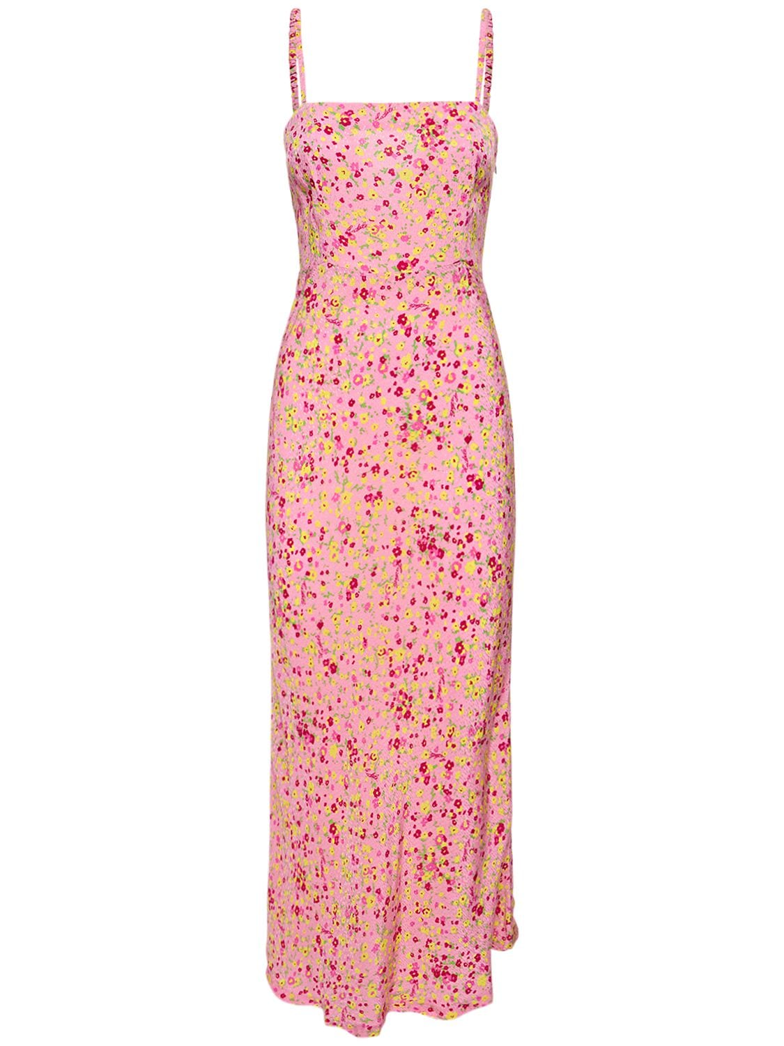 Rotate Birger Christensen Floral Print Jacquard Maxi Slip Dress In Pink,multi