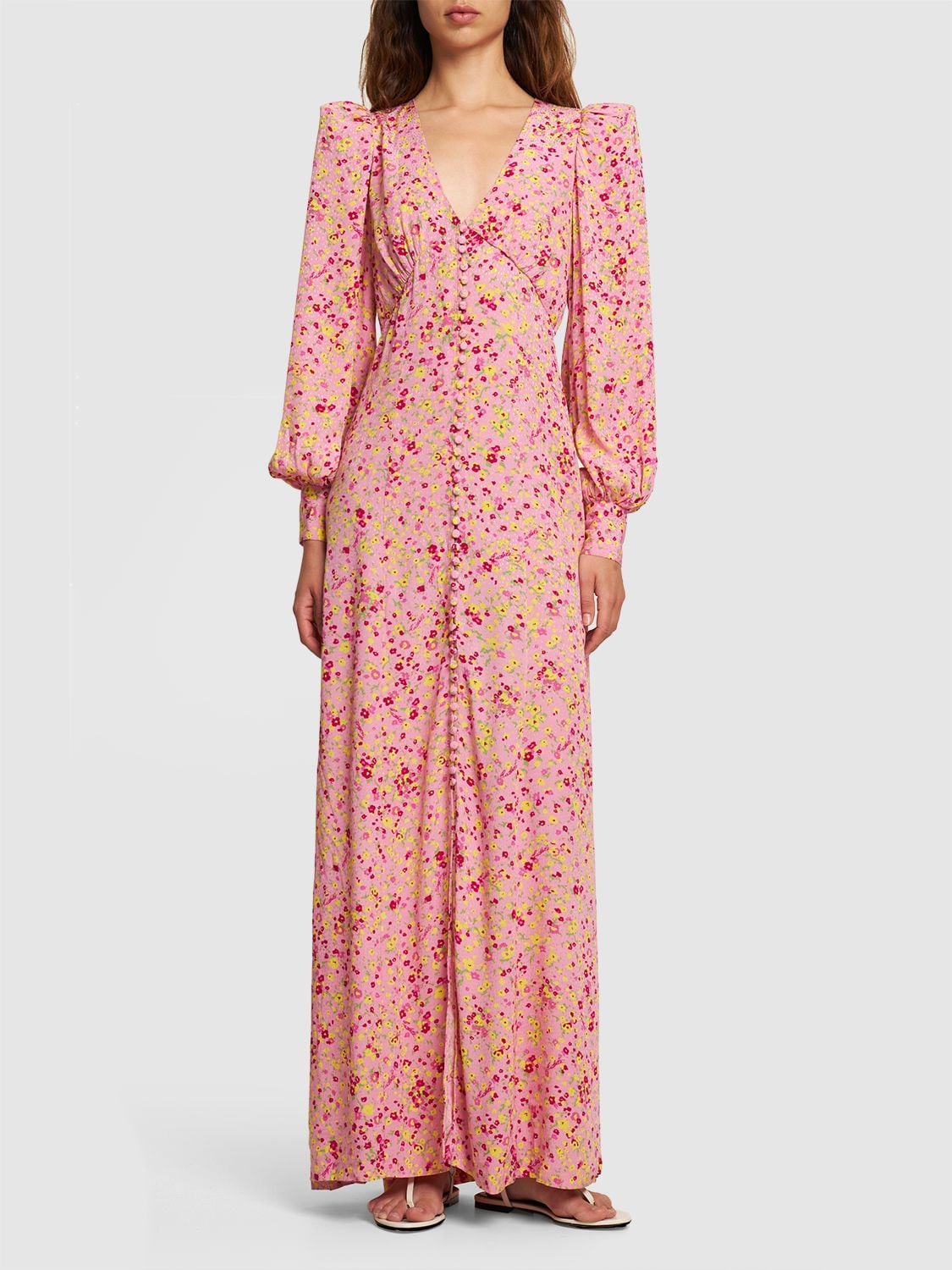 Shop Rotate Birger Christensen Floral Print Jacquard Maxi V-neck Dress In Pink,multi