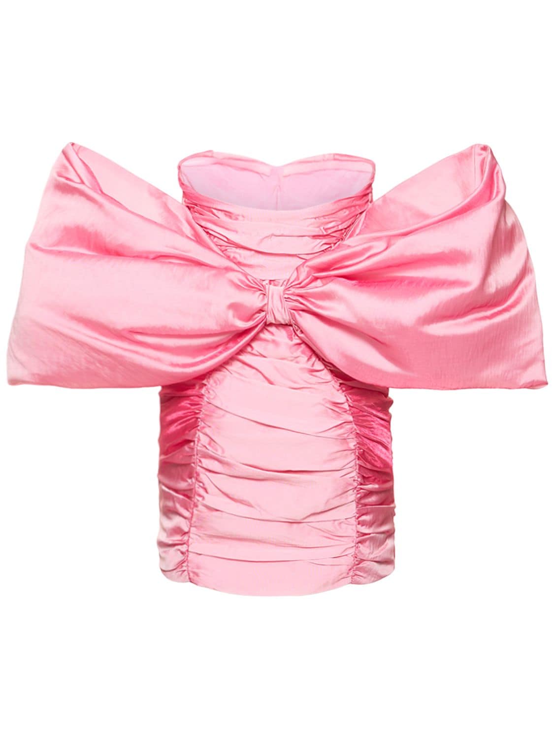 Shop Rotate Birger Christensen Gathered Satin Mini Dress W/ Bow In Pink