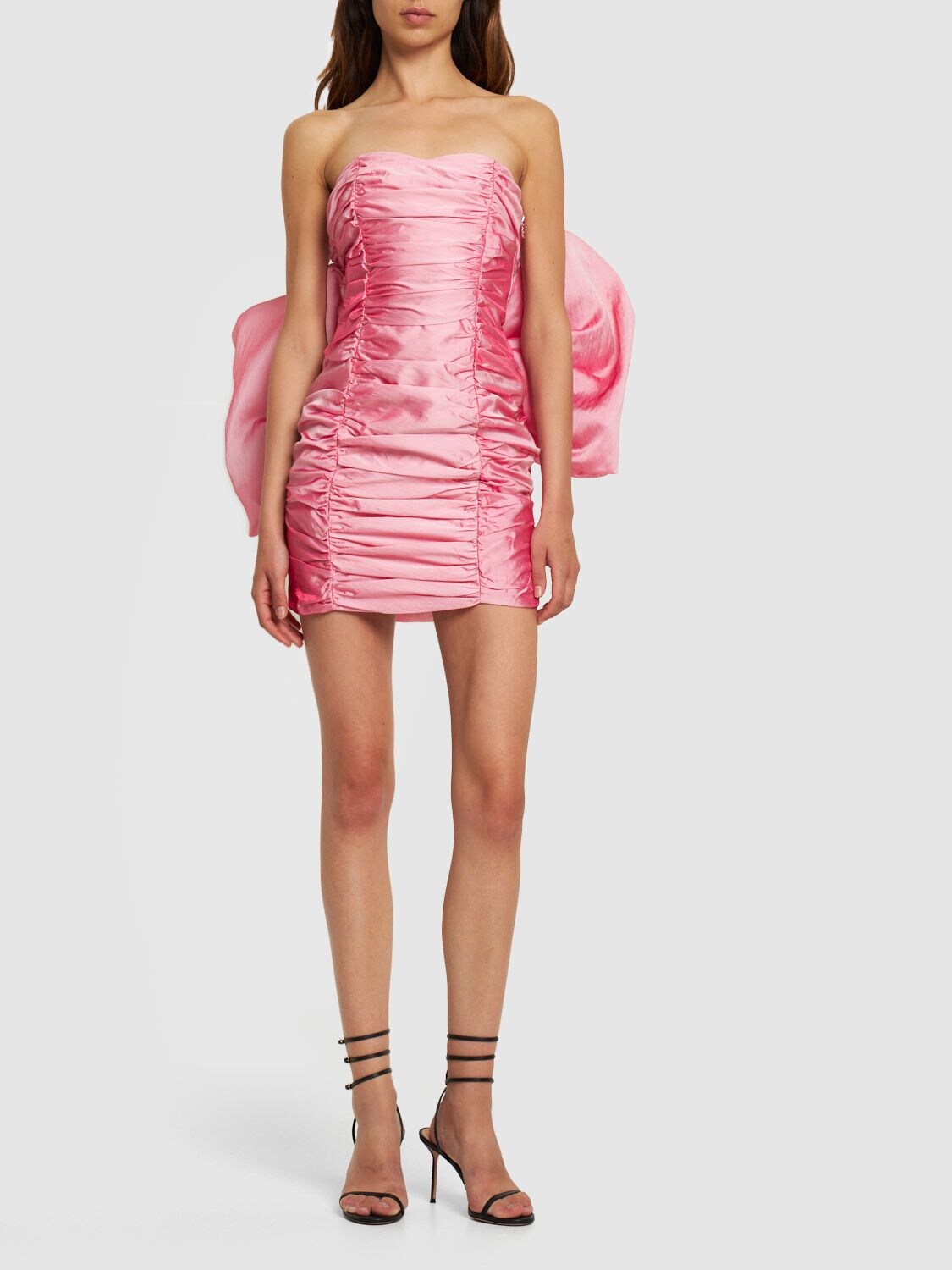 Shop Rotate Birger Christensen Gathered Satin Mini Dress W/ Bow In Pink