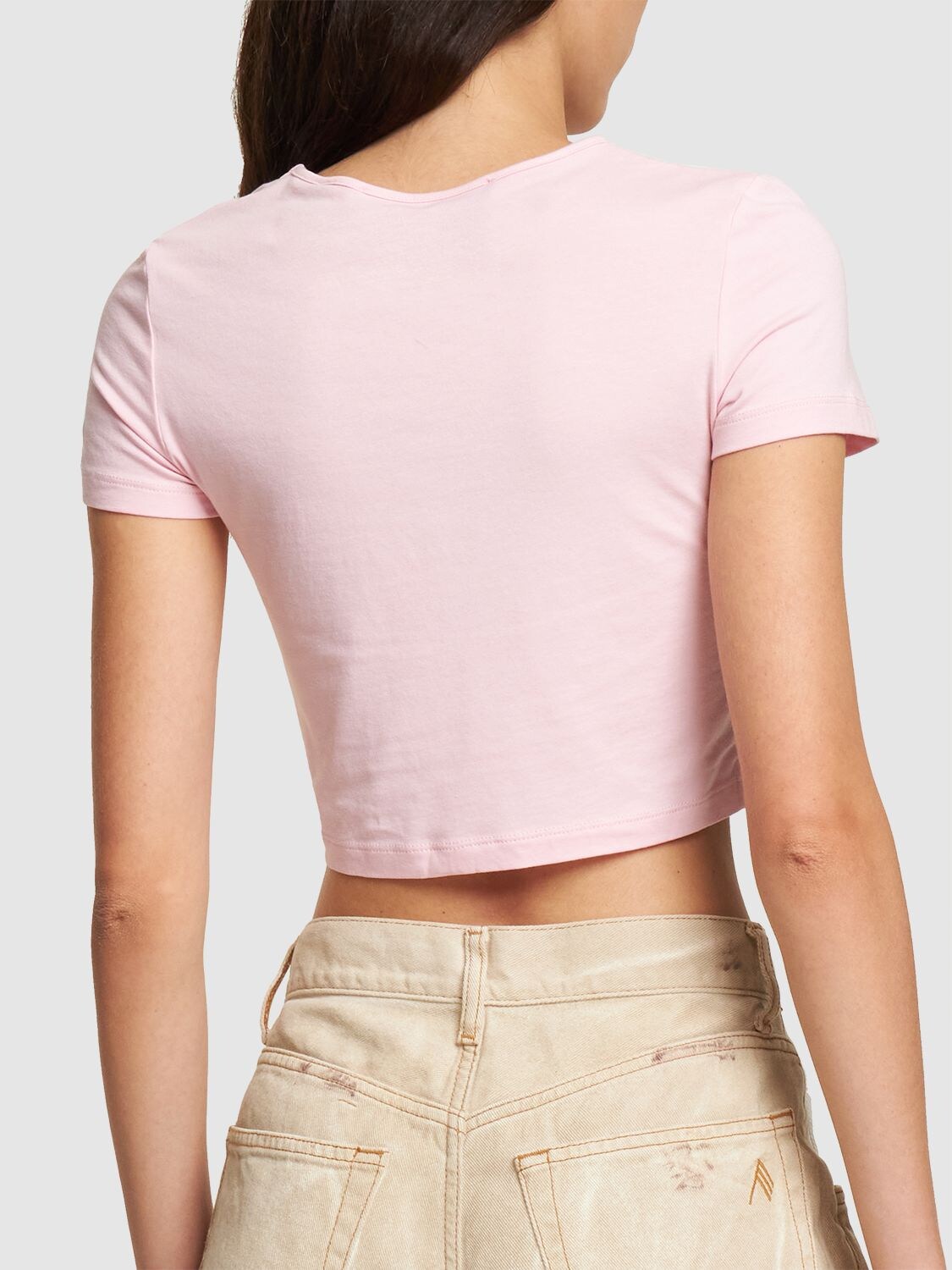 Shop Rotate Birger Christensen Embellished Cotton Blend Crop T-shirt In Pink