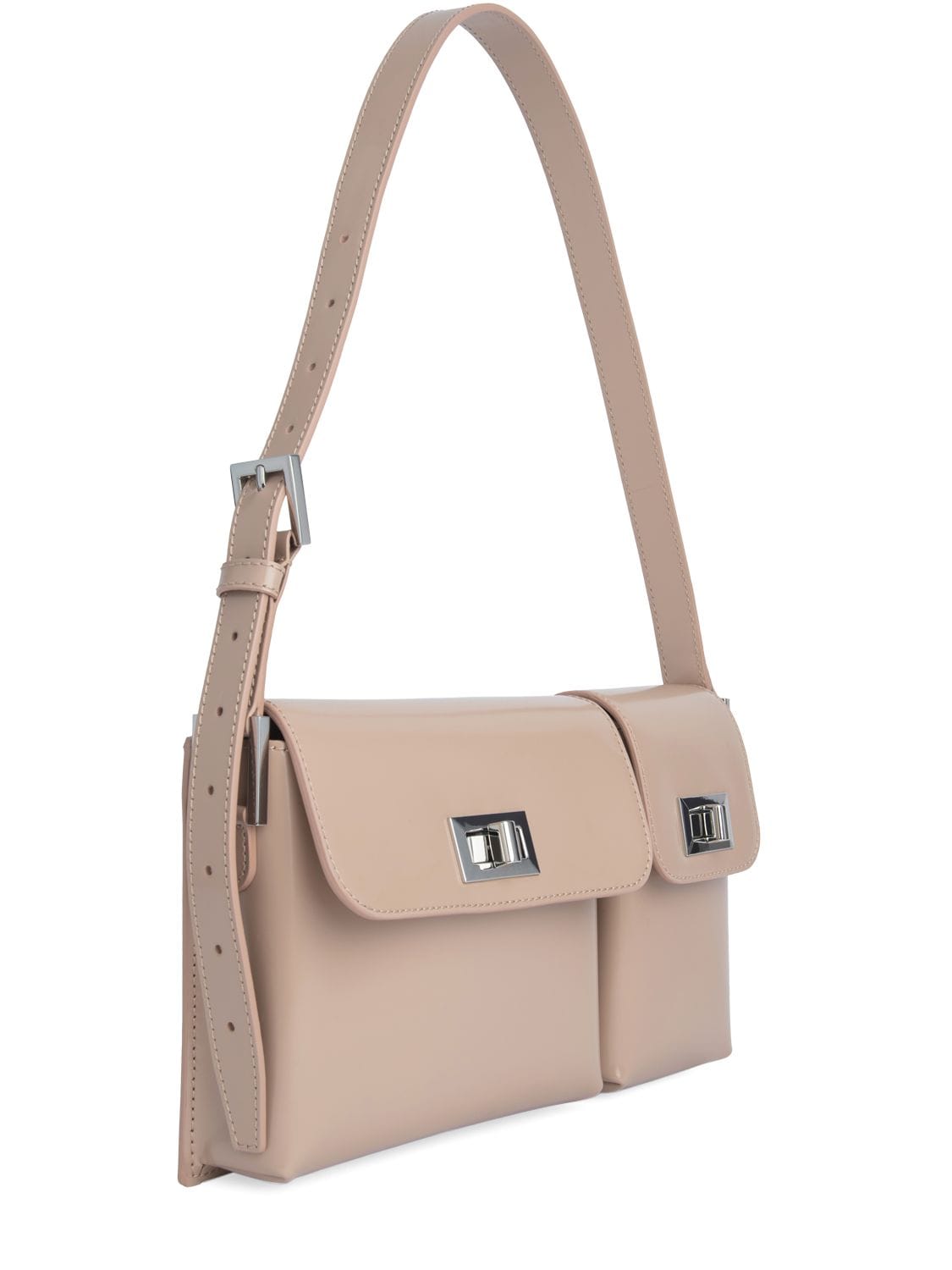 Shop By Far Billy Semi Patent Leather Shoulder Bag In Taupe