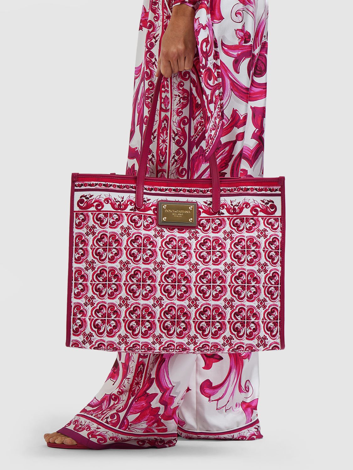 Shop Dolce & Gabbana Large Azulejos Canvas Tote Bag In Fuchsia