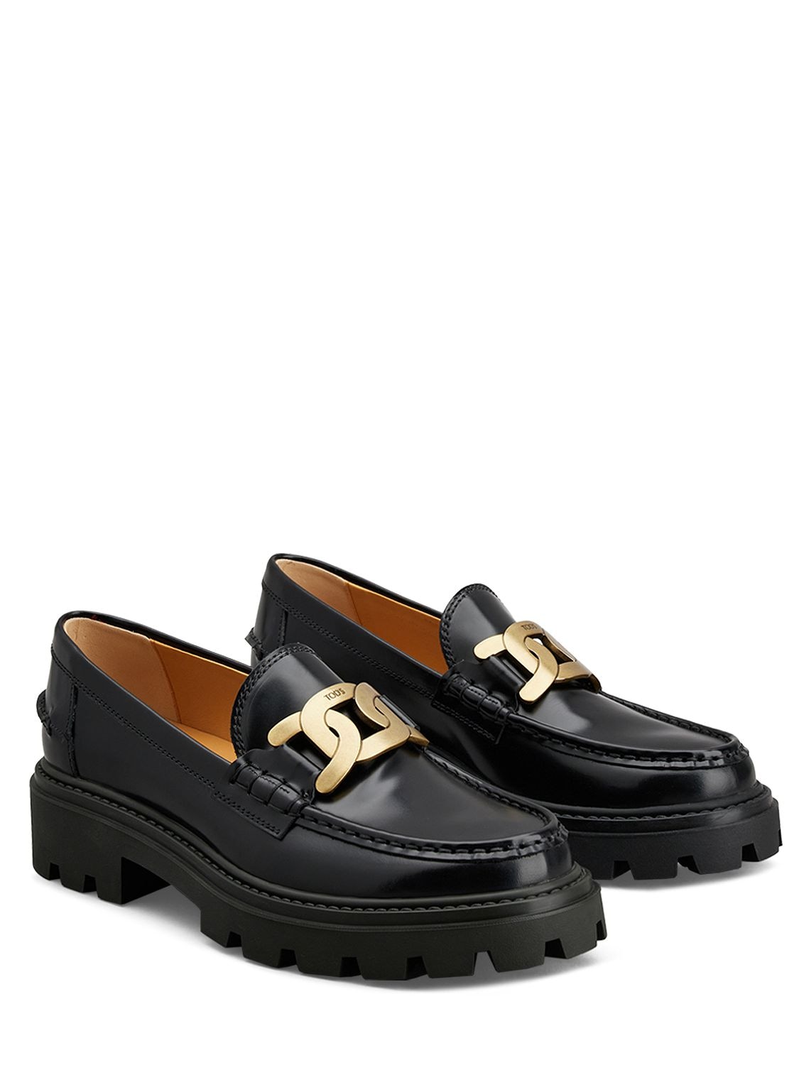 Shop Tod's 30mm Leather Chain Loafers In Black