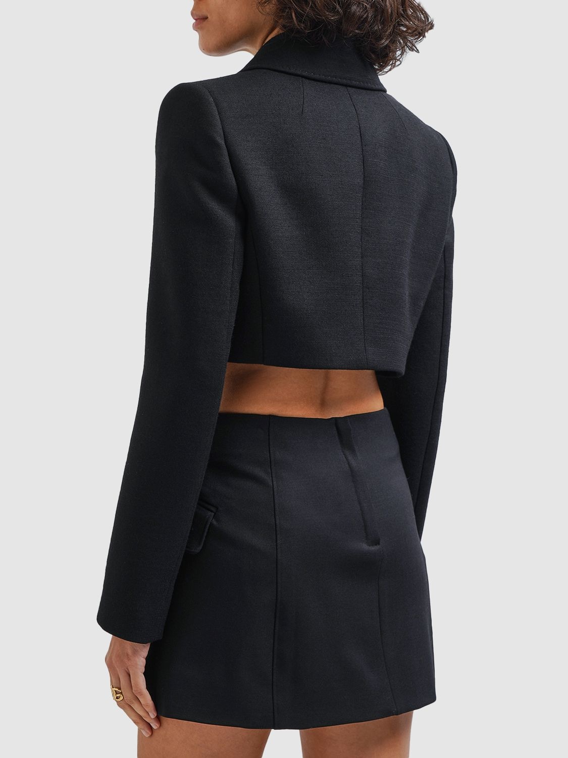 Shop Dolce & Gabbana Double Breasted Wool Crepe Crop Blazer In Black