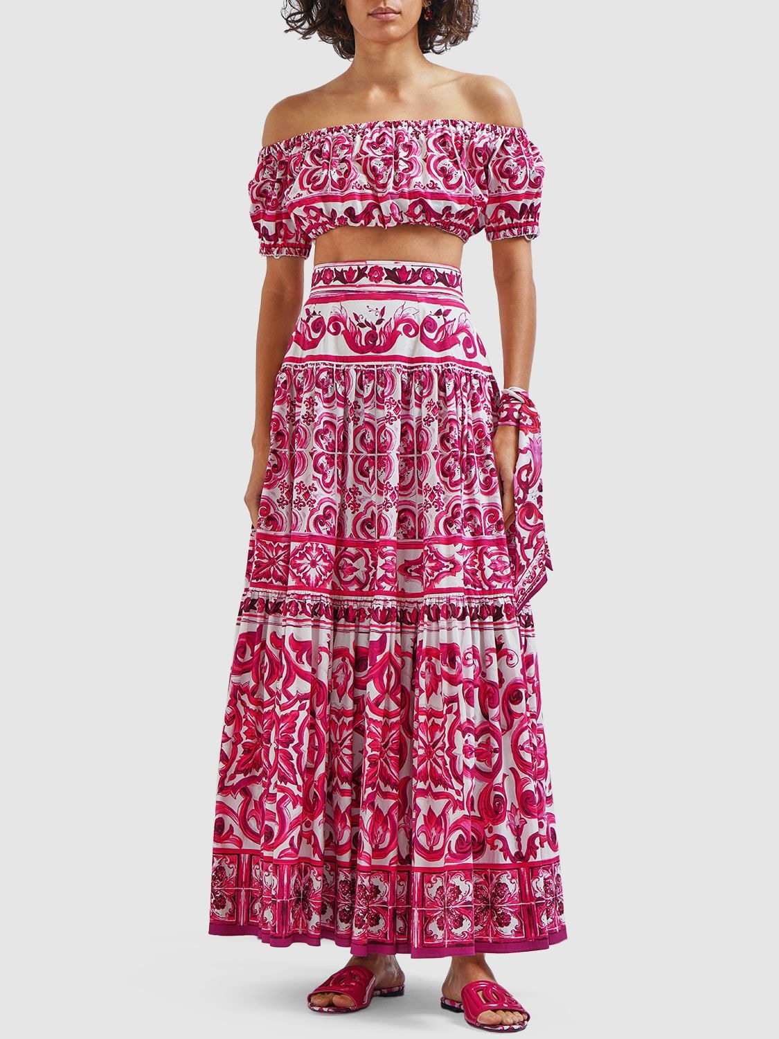 Shop Dolce & Gabbana Maiolica Print Cotton Poplin Long Skirt In Multicolor