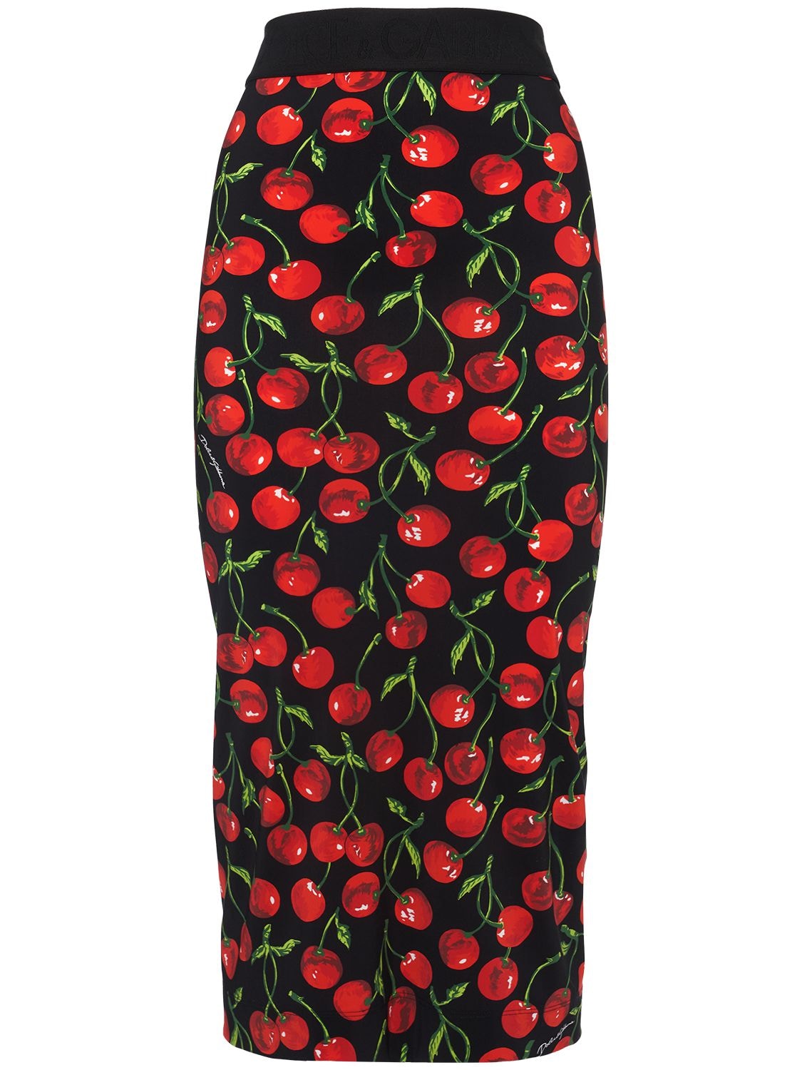 Dolce & Gabbana Cherry Print Tech Jersey Midi Skirt In Multicolor