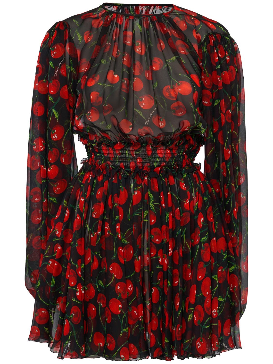 Dolce & Gabbana Short Cherry-print Chiffon Dress In Multicolor