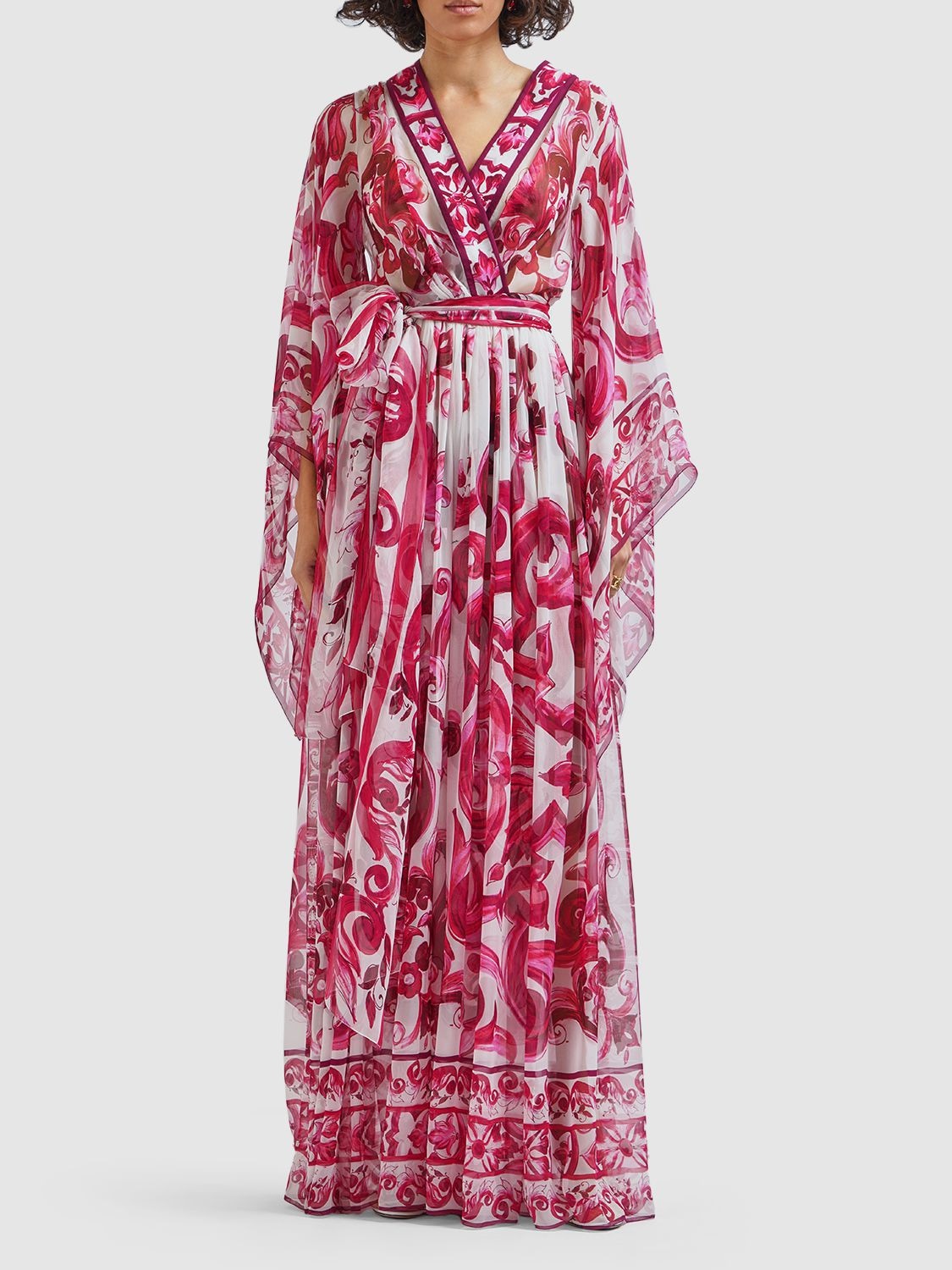 Shop Dolce & Gabbana Maiolica Print Silk Chiffon Long Dress In Multicolor