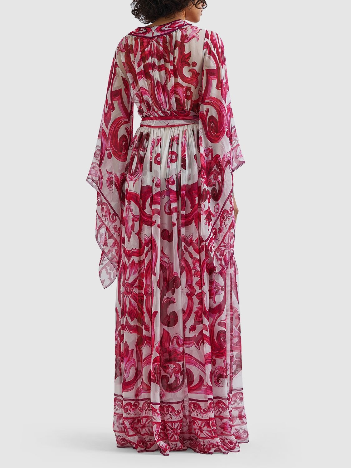 Shop Dolce & Gabbana Maiolica Print Silk Chiffon Long Dress In Multicolor