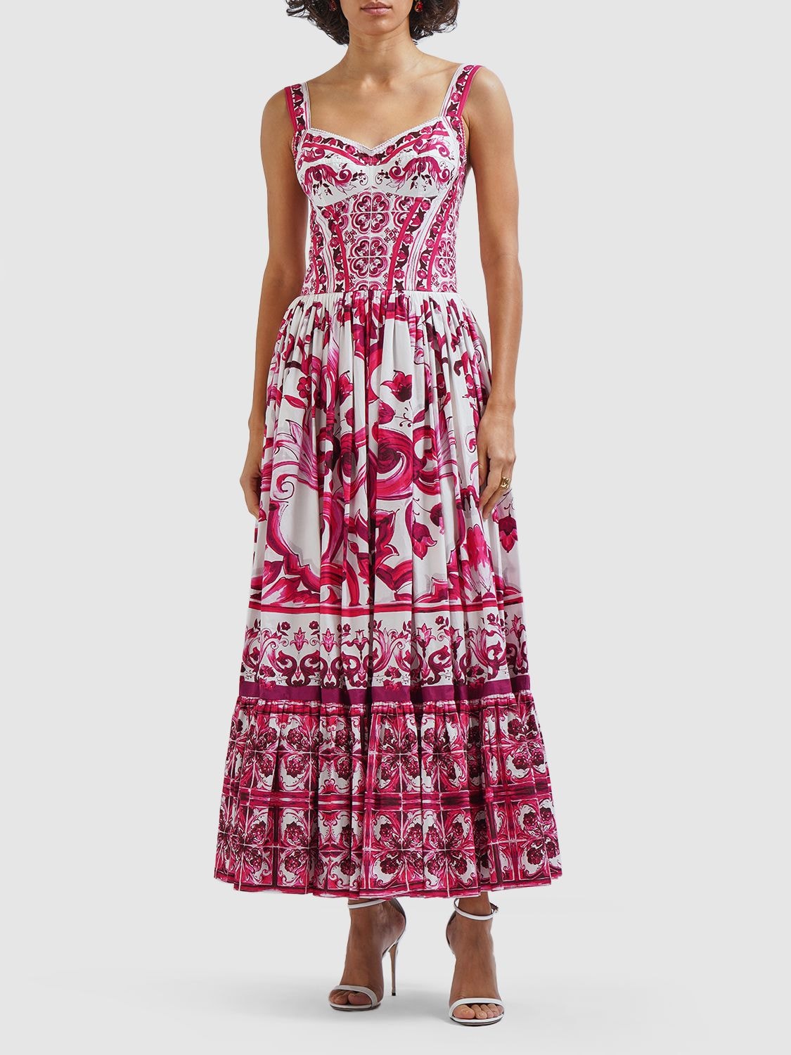 Dolce & Gabbana Bustier Long Dress In Majolica Print Poplin In Tris ...