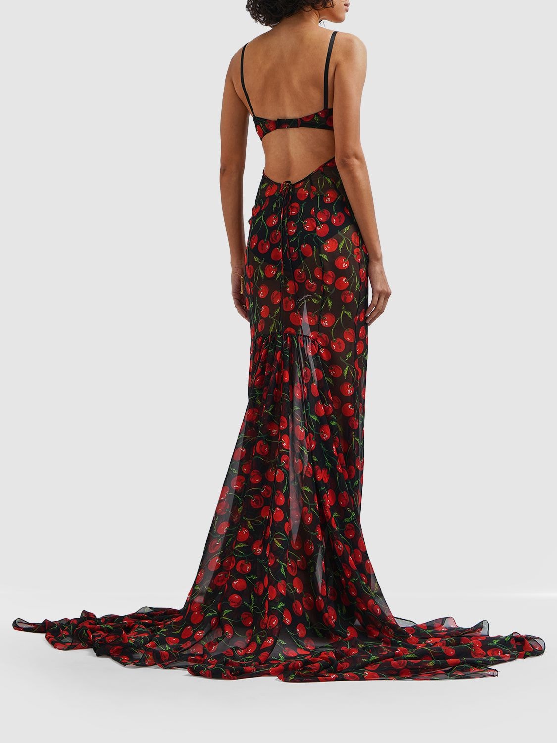 Shop Dolce & Gabbana Cherry Printed Silk Chiffon Gown In Multicolor