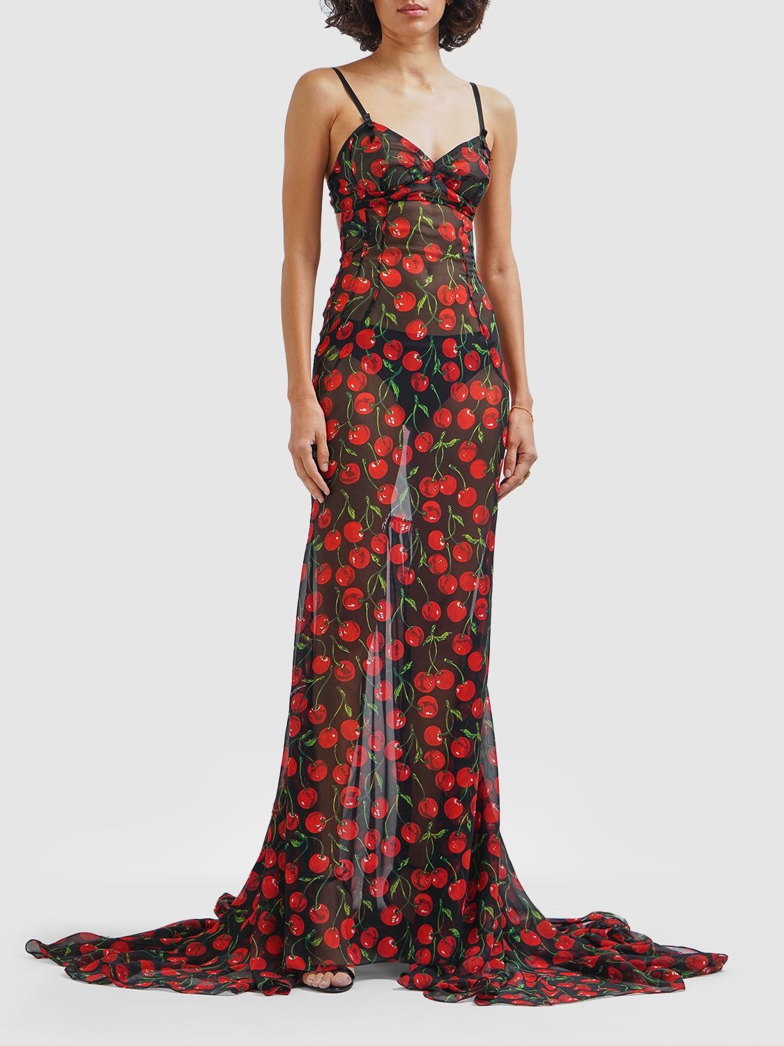 DOLCE & GABBANA CHERRY PRINTED SILK CHIFFON GOWN 