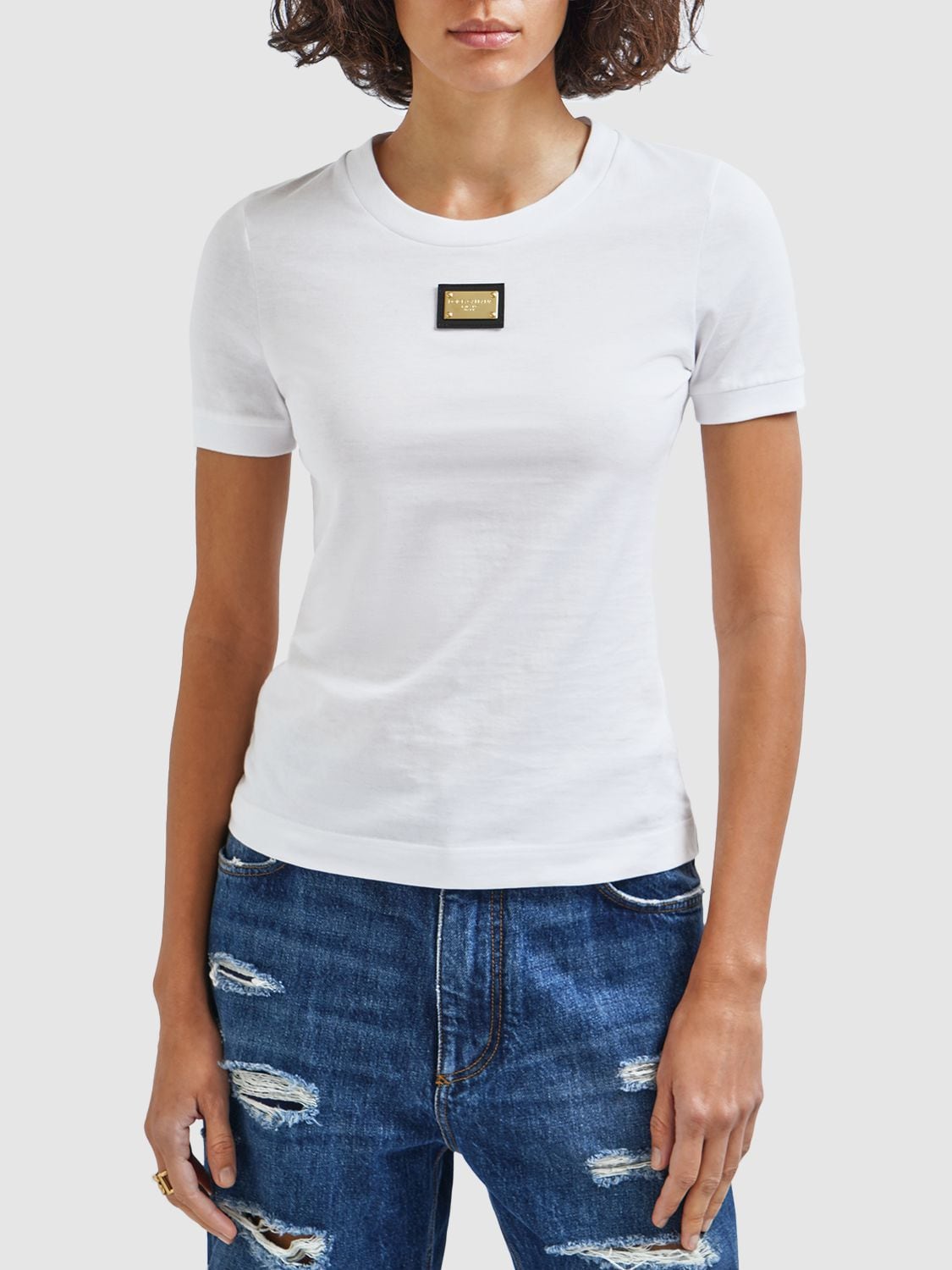 Shop Dolce & Gabbana Logo Plaque Cotton Jersey T-shirt In White
