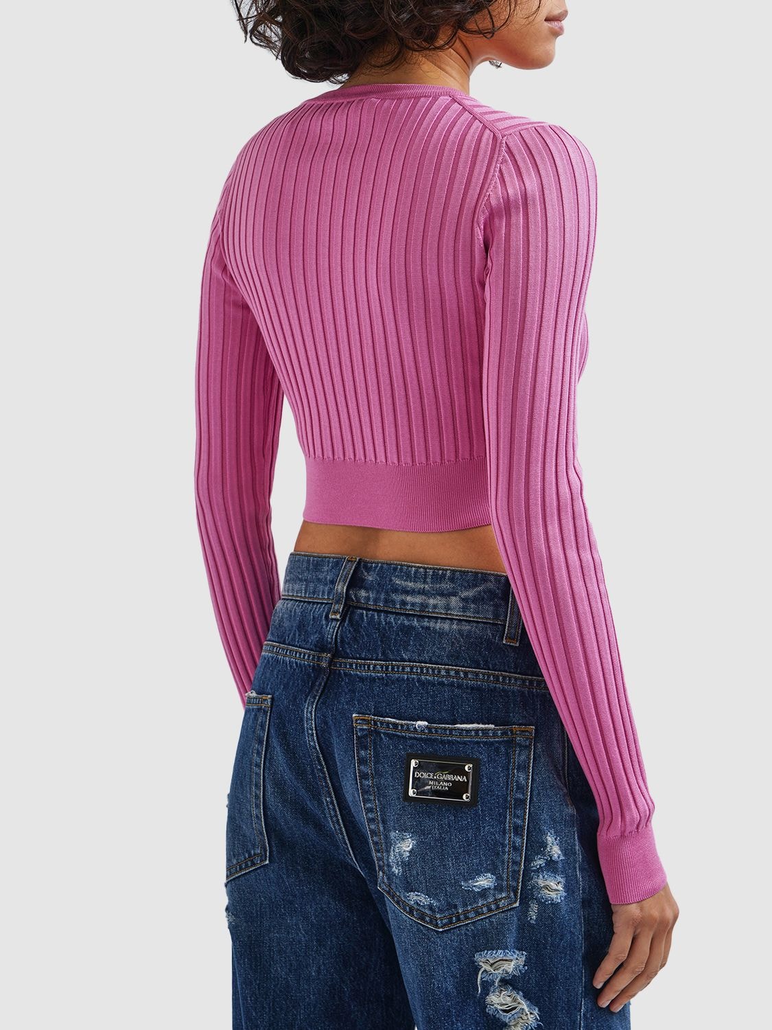 Shop Dolce & Gabbana Rib Knit Silk Crop Sweater In Pink