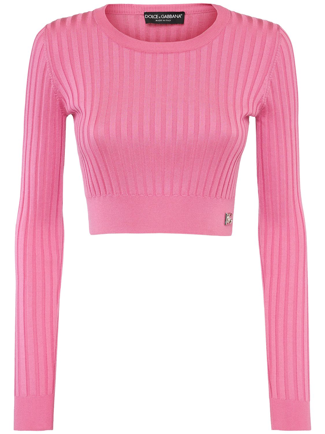 Shop Dolce & Gabbana Rib Knit Silk Crop Sweater In Pink