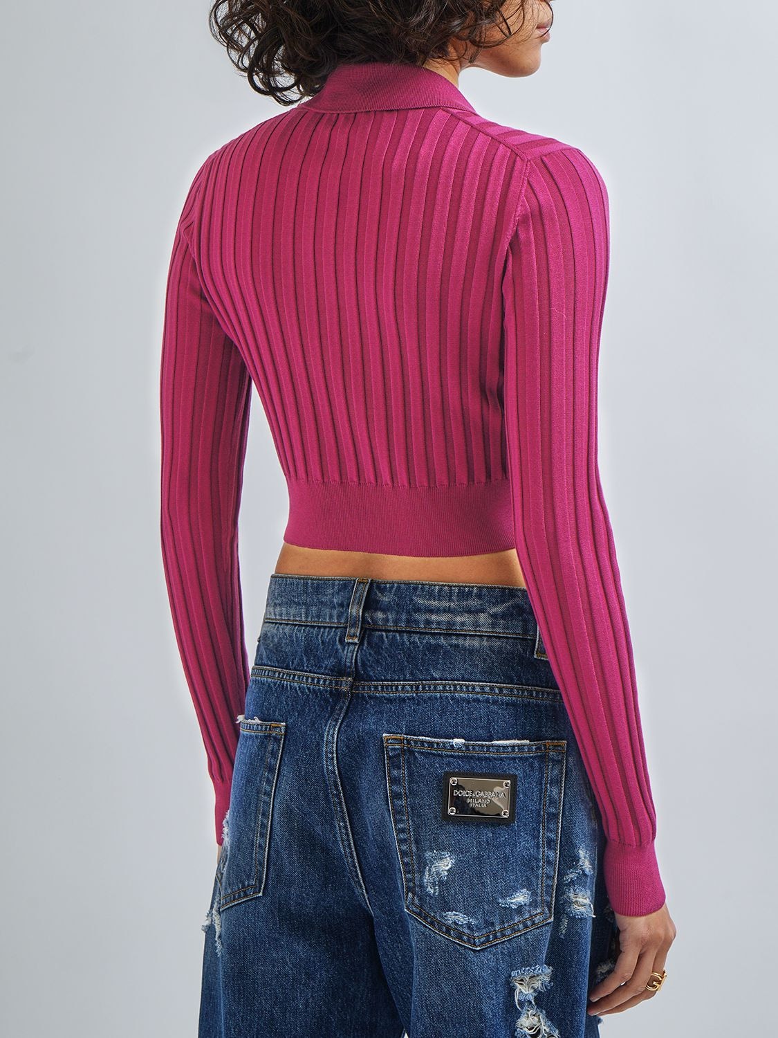 Shop Dolce & Gabbana Silk Rib Knit Polo Crop Sweater In Purple