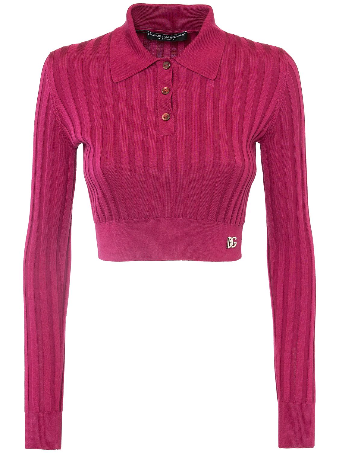 Dolce & Gabbana Silk Rib Knit Polo Crop Sweater In Berry Magenta