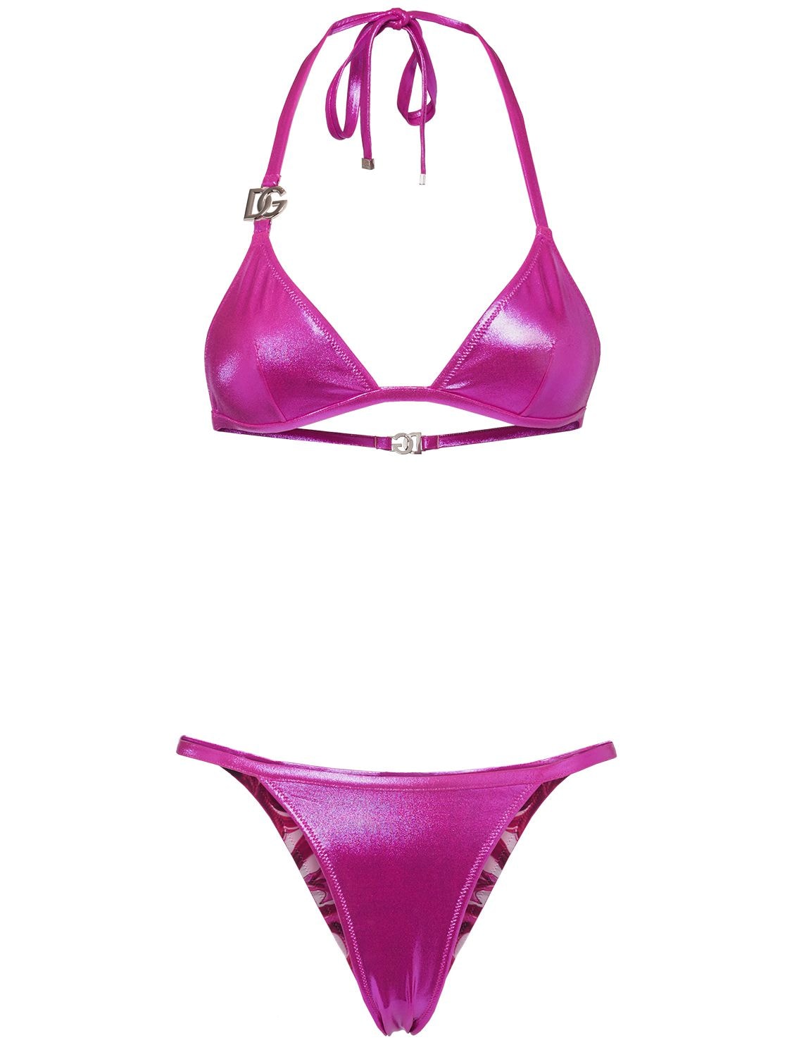 Dolce & Gabbana Laminated Jersey Triangle Bikini Set In Pink,fuchsia