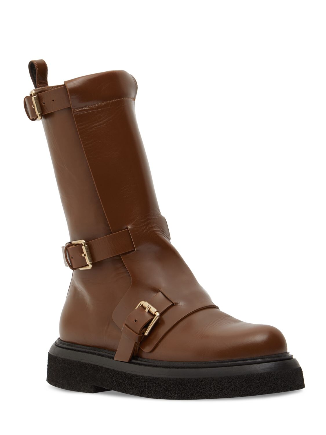 Shop Max Mara 20mm Buckleboots Leather Tall Boots In Brown