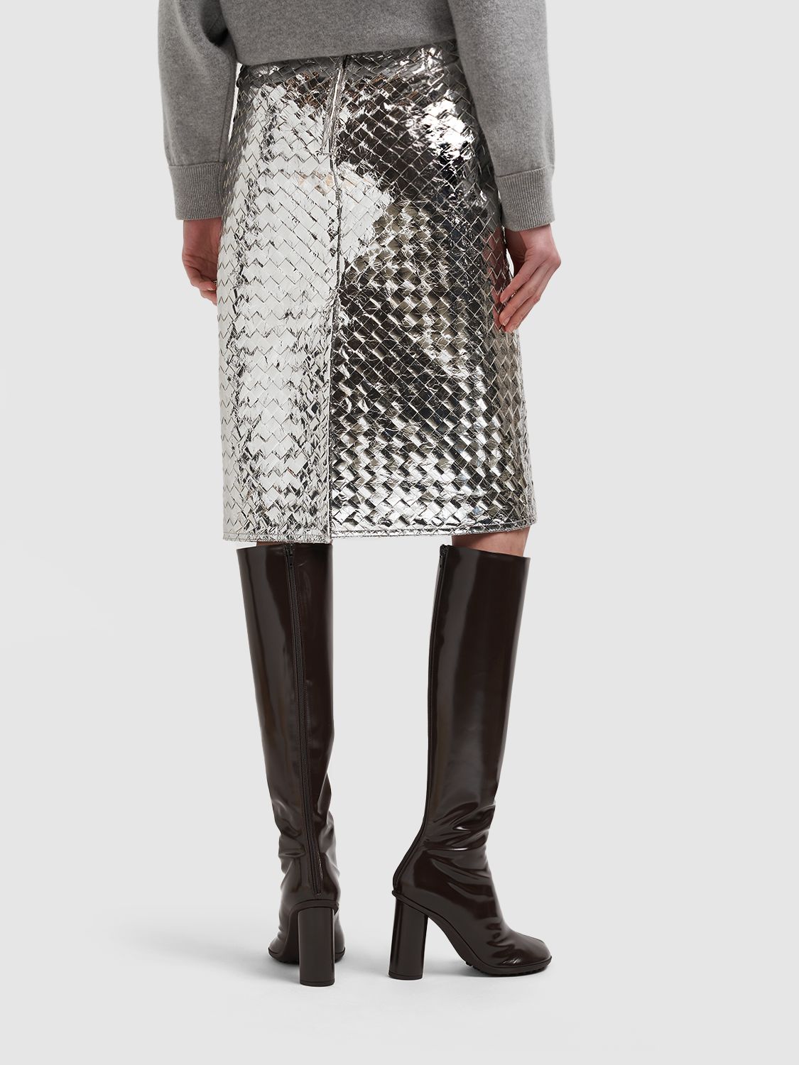 Shop Bottega Veneta Intrecciato Laminated Leather Midi Skirt In Silver
