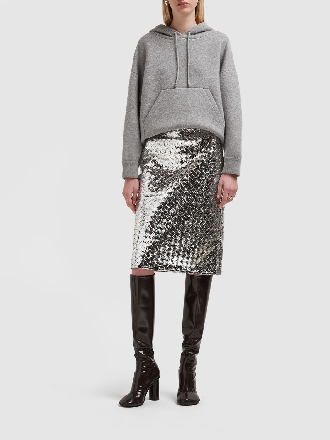 Shop Bottega Veneta Intrecciato Laminated Leather Midi Skirt In Silver