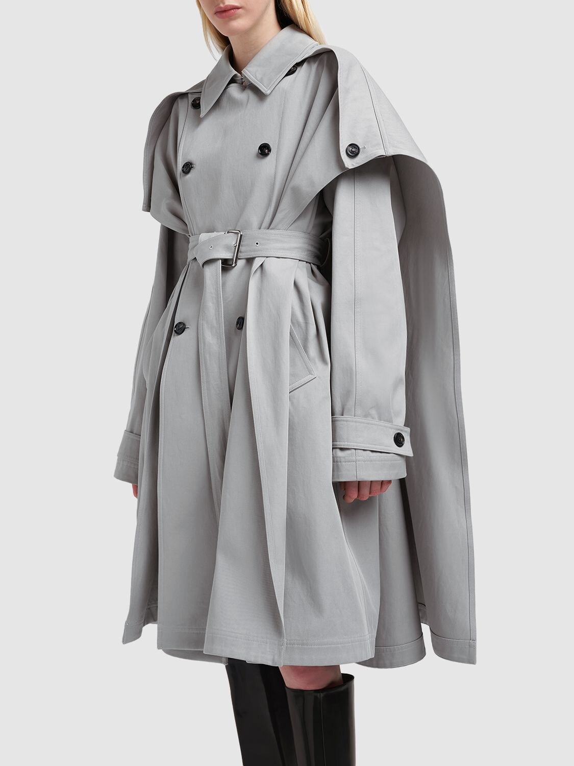 Shop Bottega Veneta Cotton Canvas Cape Trench Coat In Grey