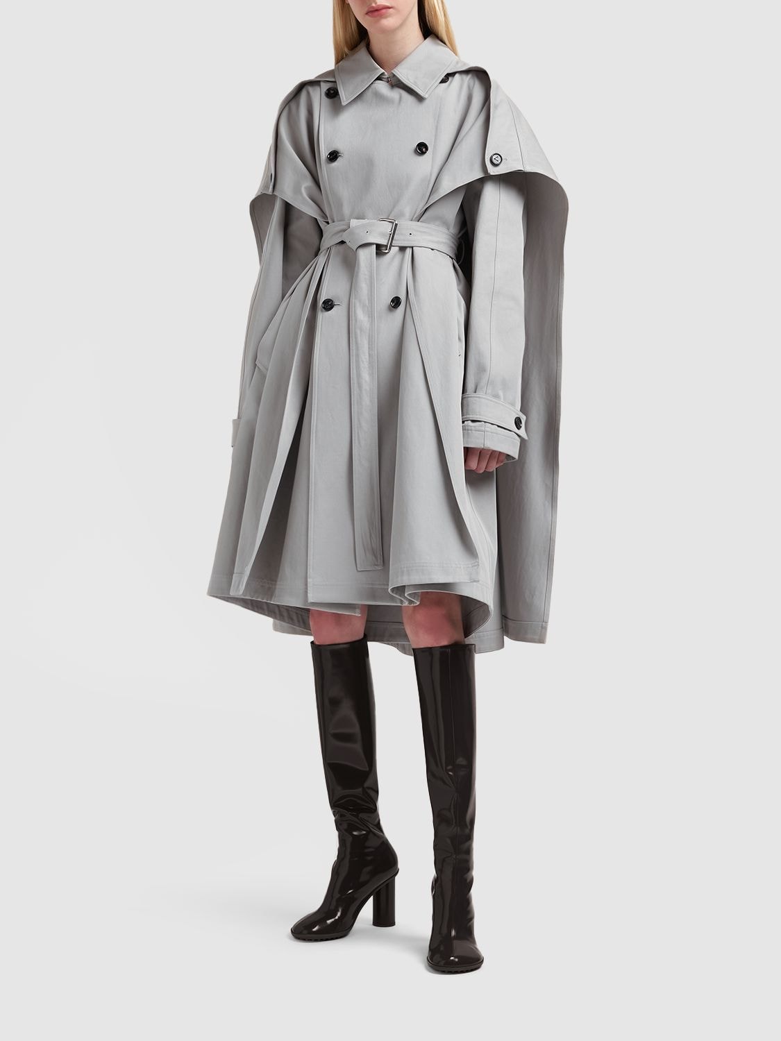 Shop Bottega Veneta Cotton Canvas Cape Trench Coat In Grey