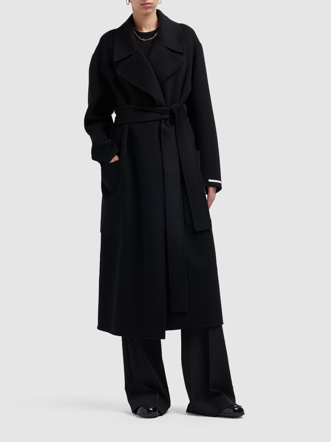 Shop Sportmax Veleno Double Breast Belted Wool Coat In Black