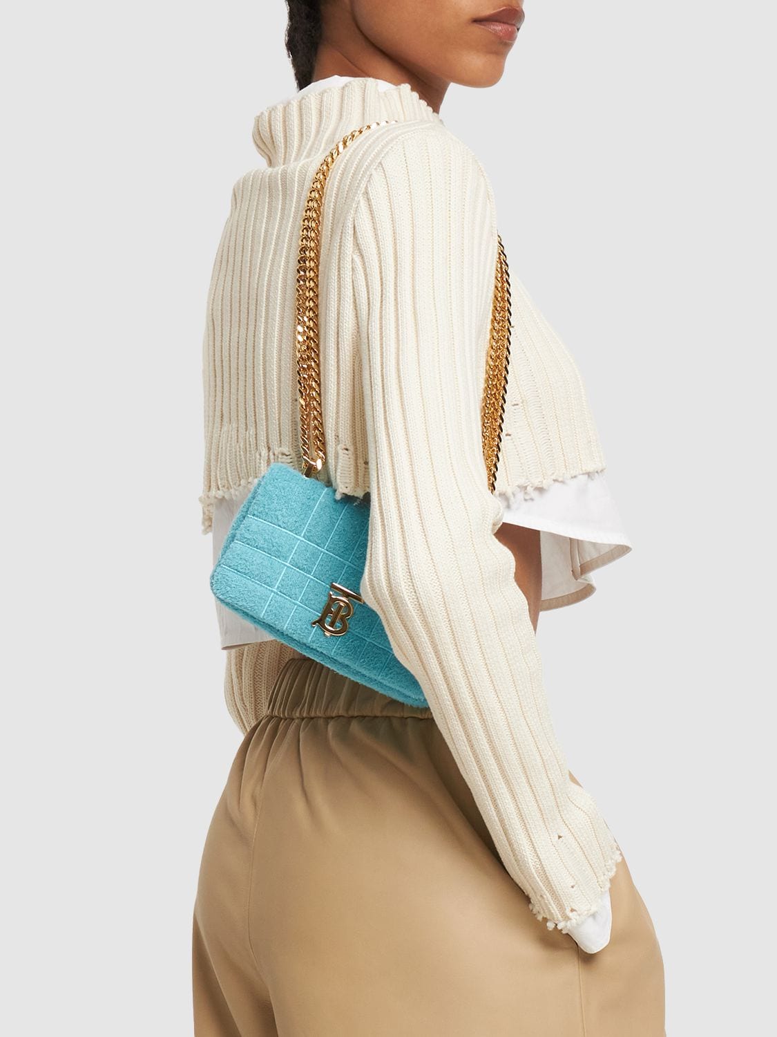 Shop Burberry Mini Lola Quilted Cotton Shoulder Bag In Vivid Turquoise
