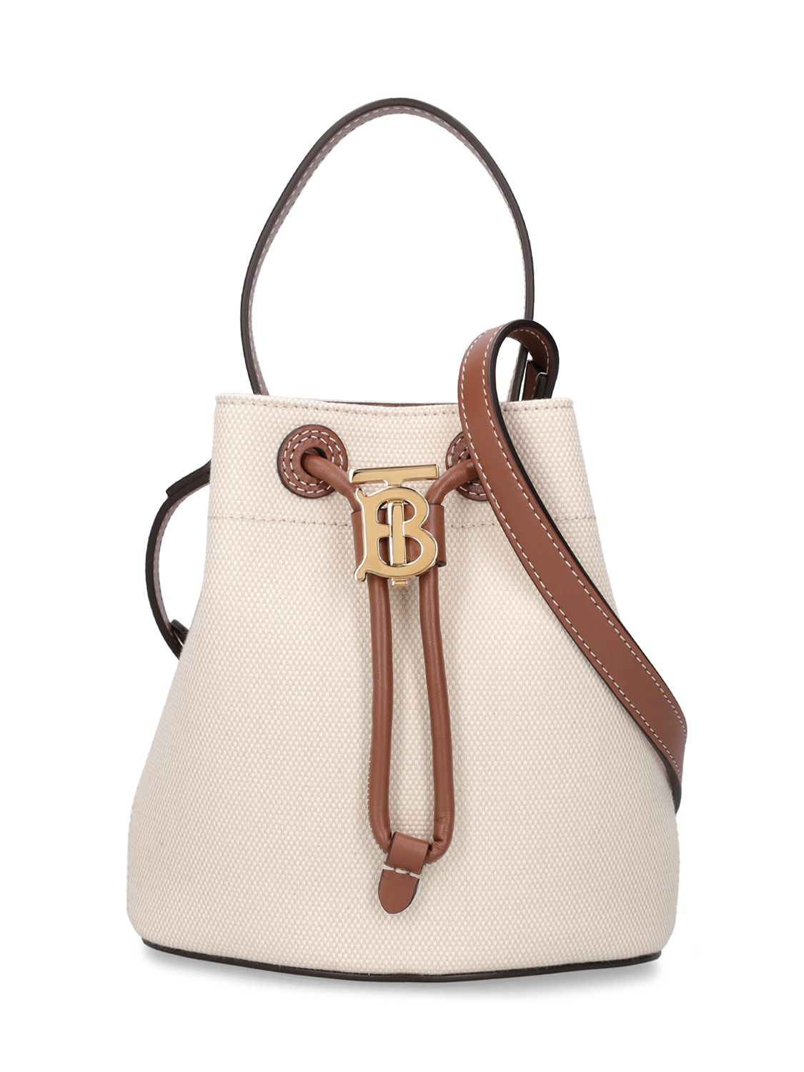 Burberry Mini Drawstring Canvas Bucket Bag In Natural,brown