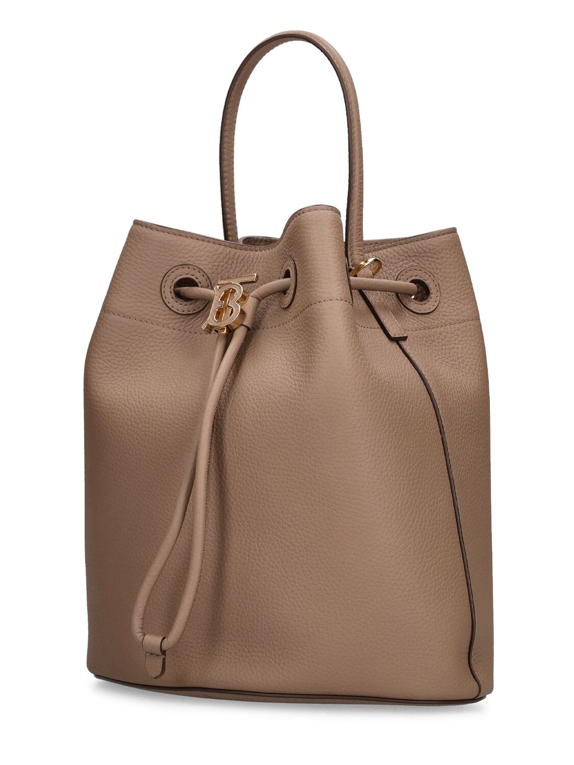 Shop Burberry Small Drawstring Leather Bucket Bag In Light Saddle