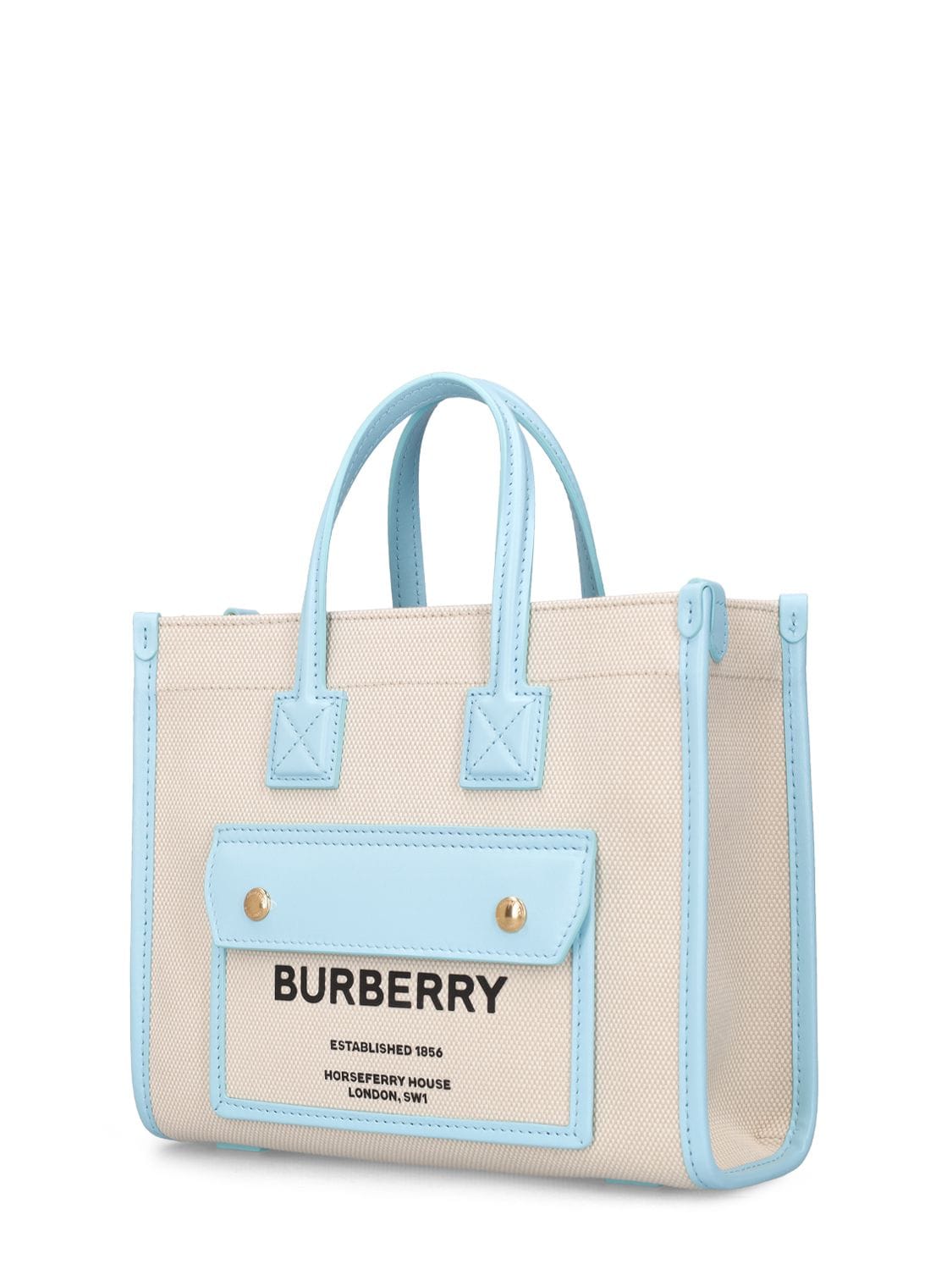 Shop Burberry Mini Freya Cotton Tote Bag In Nat,cool Sky