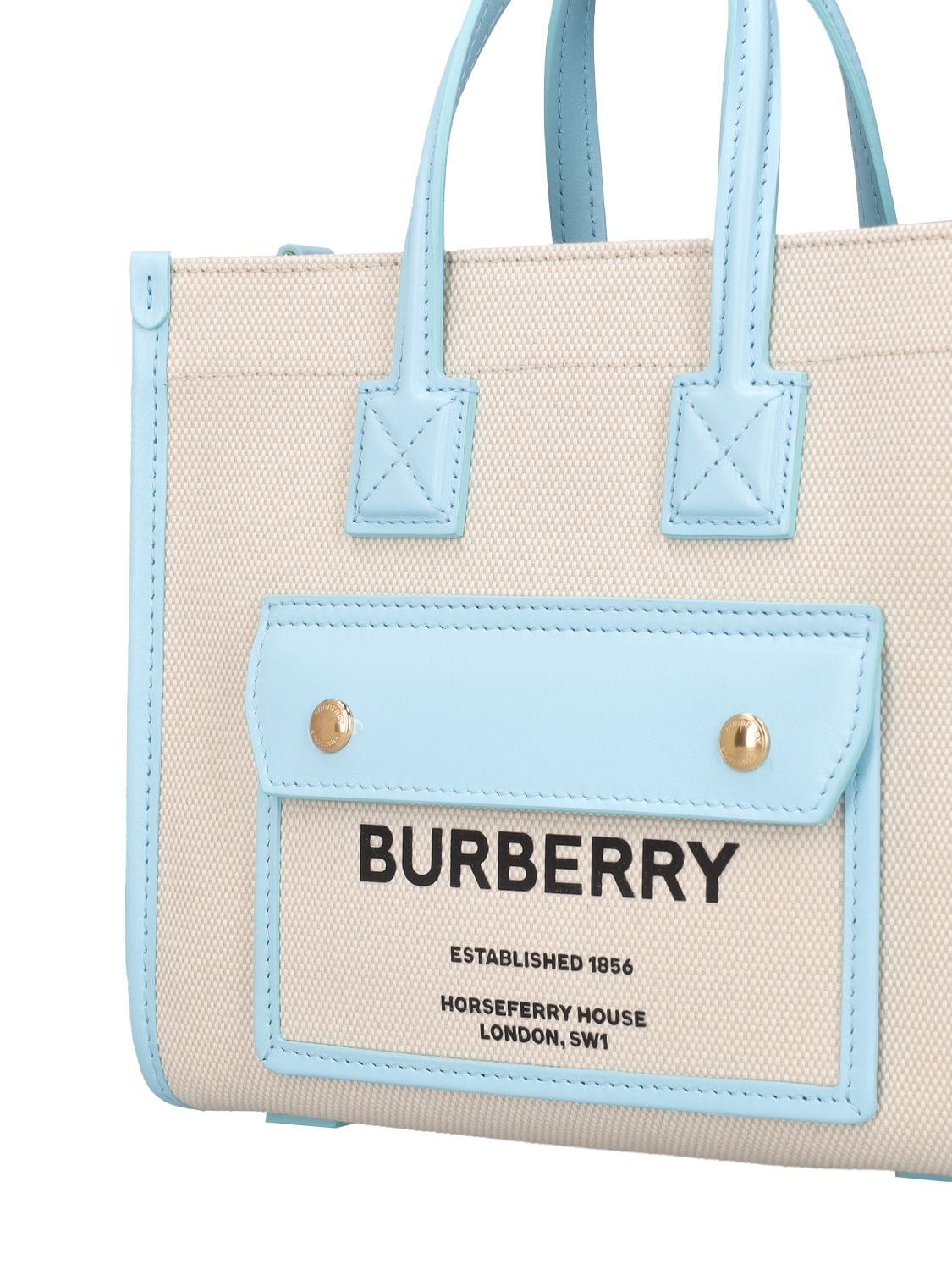 Shop Burberry Mini Freya Cotton Tote Bag In Nat,cool Sky