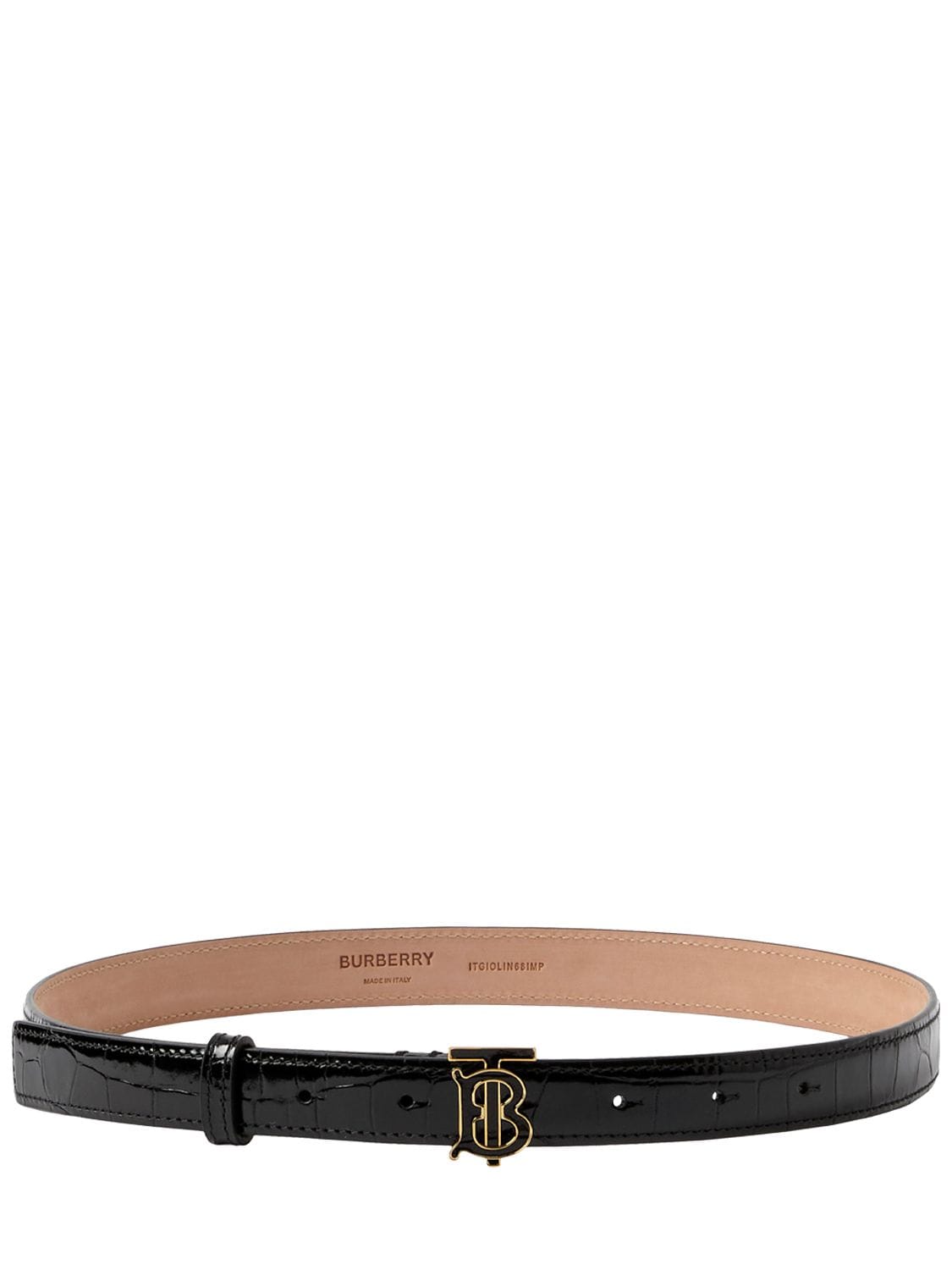 Shop Burberry 20mm Croc Embossed Patent Leather Belt In Black