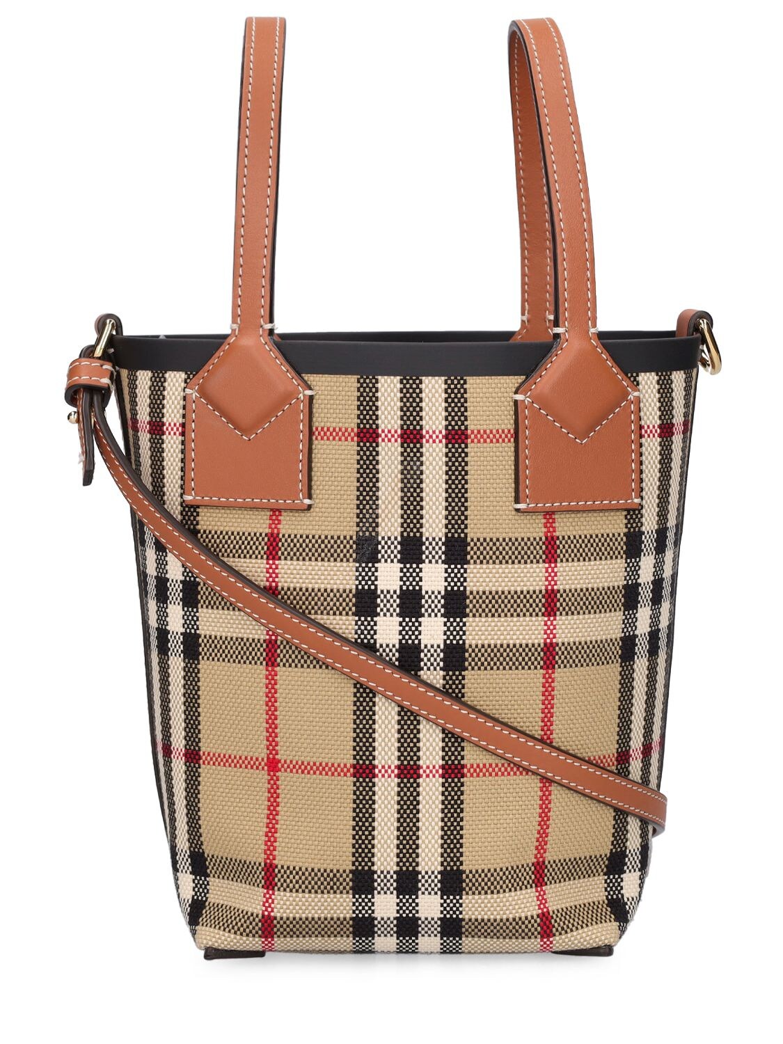 Leather-trimmed checked coated cotton-blend canvas shoulder bag